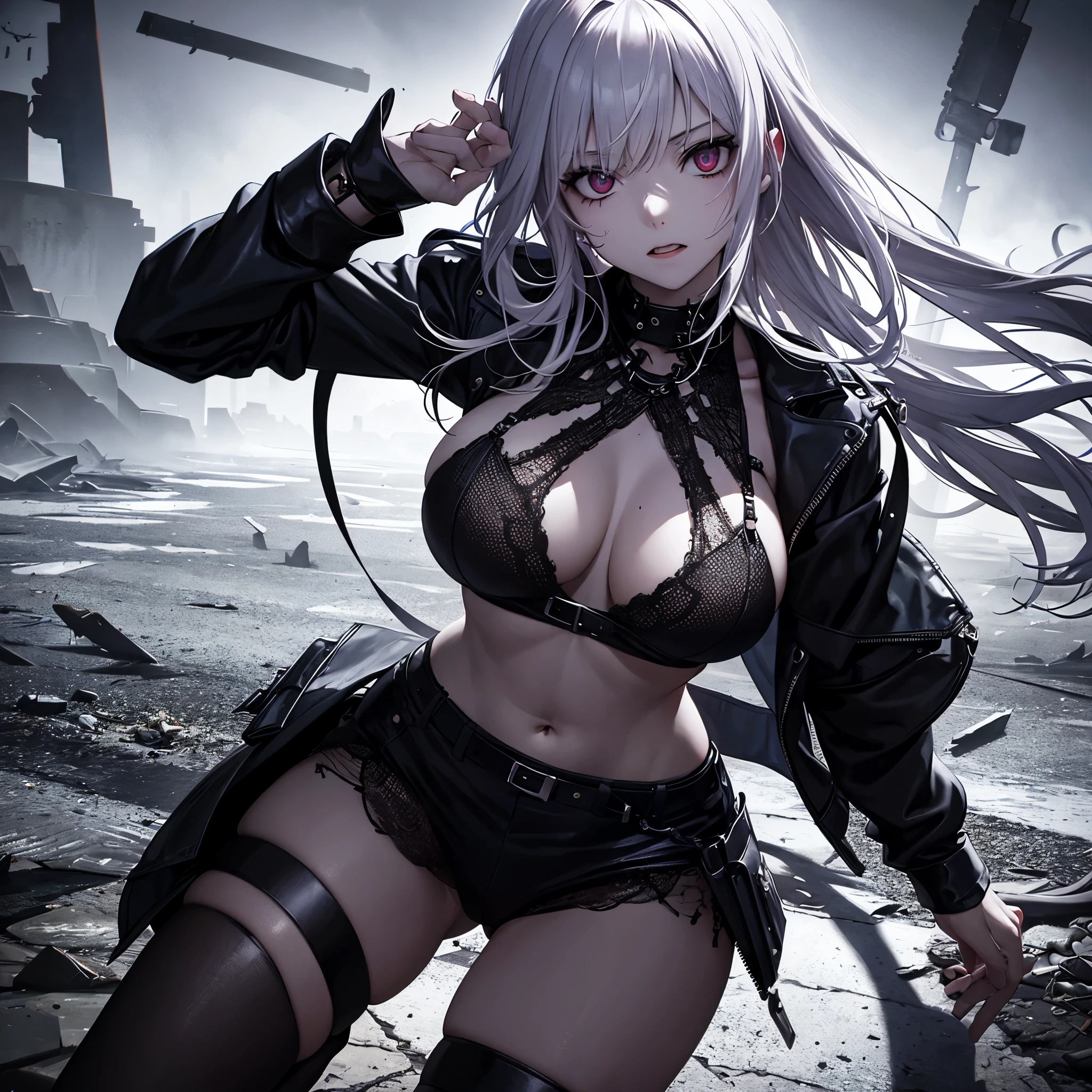 Describe the situation of a young killer of an evil 18-year-old woman, with her body covered in blood and a psychopathic look on a dark night, in the underworld city.