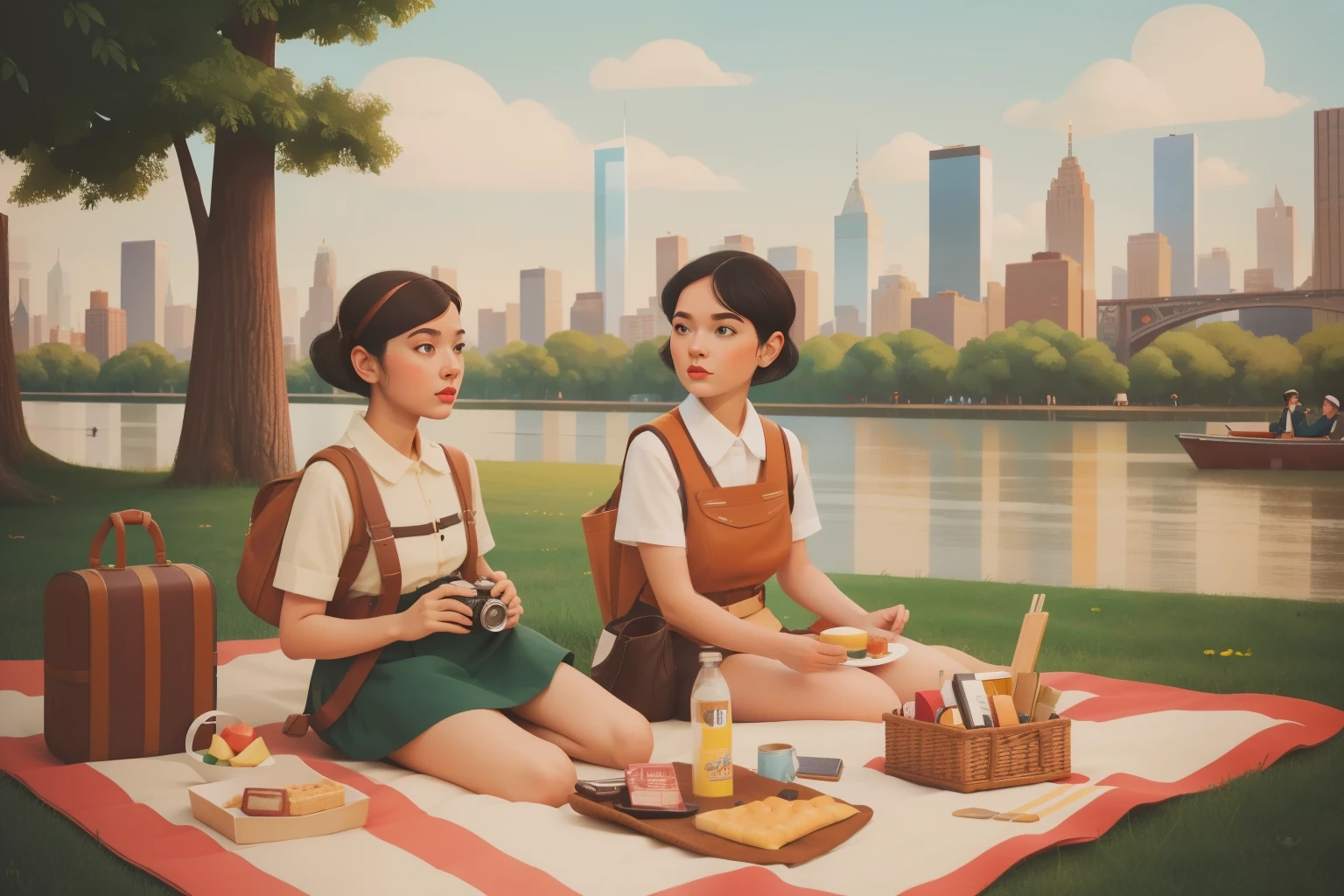 Central Park Adventure Picnic: Imagine a tween girl with a sleek bob of jet-black hair, dressed in a contemporary version of vintage explorer attire, having a picnic in Central Park. Surrounded by modern artifacts like a vintage camera and artisanal snacks, the scene should capture the essence of Enid Blyton's adventures, painted in Wes Anderson's signature palette amid the bustling backdrop of New York.