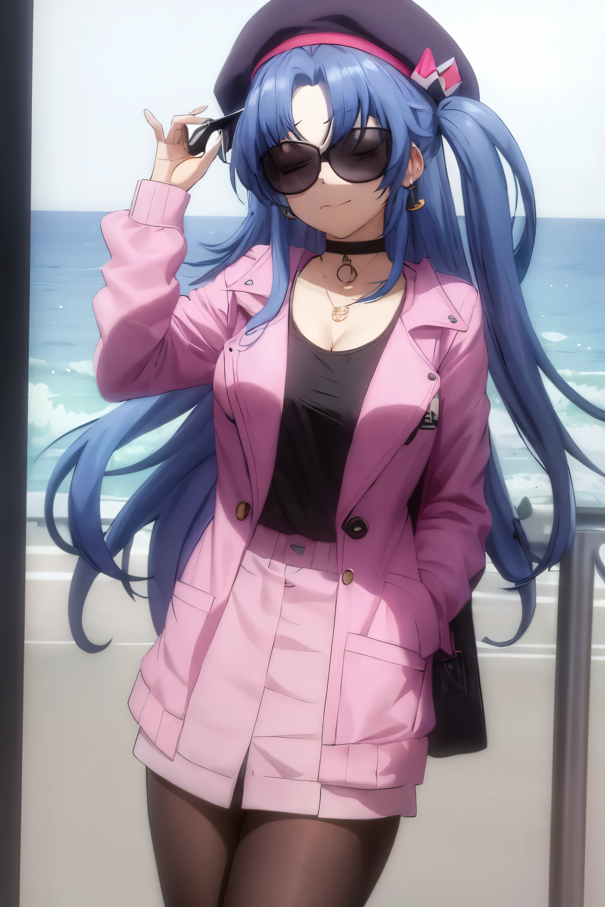 masterpiece, best quality,  alis, aliig, 1girl, solo, hat, blue hair, long hair, jacket, sunglasses, closed eyes, two side up, pink jacket, black headwear, choker, long sleeves, closed mouth, shirt, beret, black shirt, open jacket, open clothes, jewelry, earrings, large breasts, ocean,