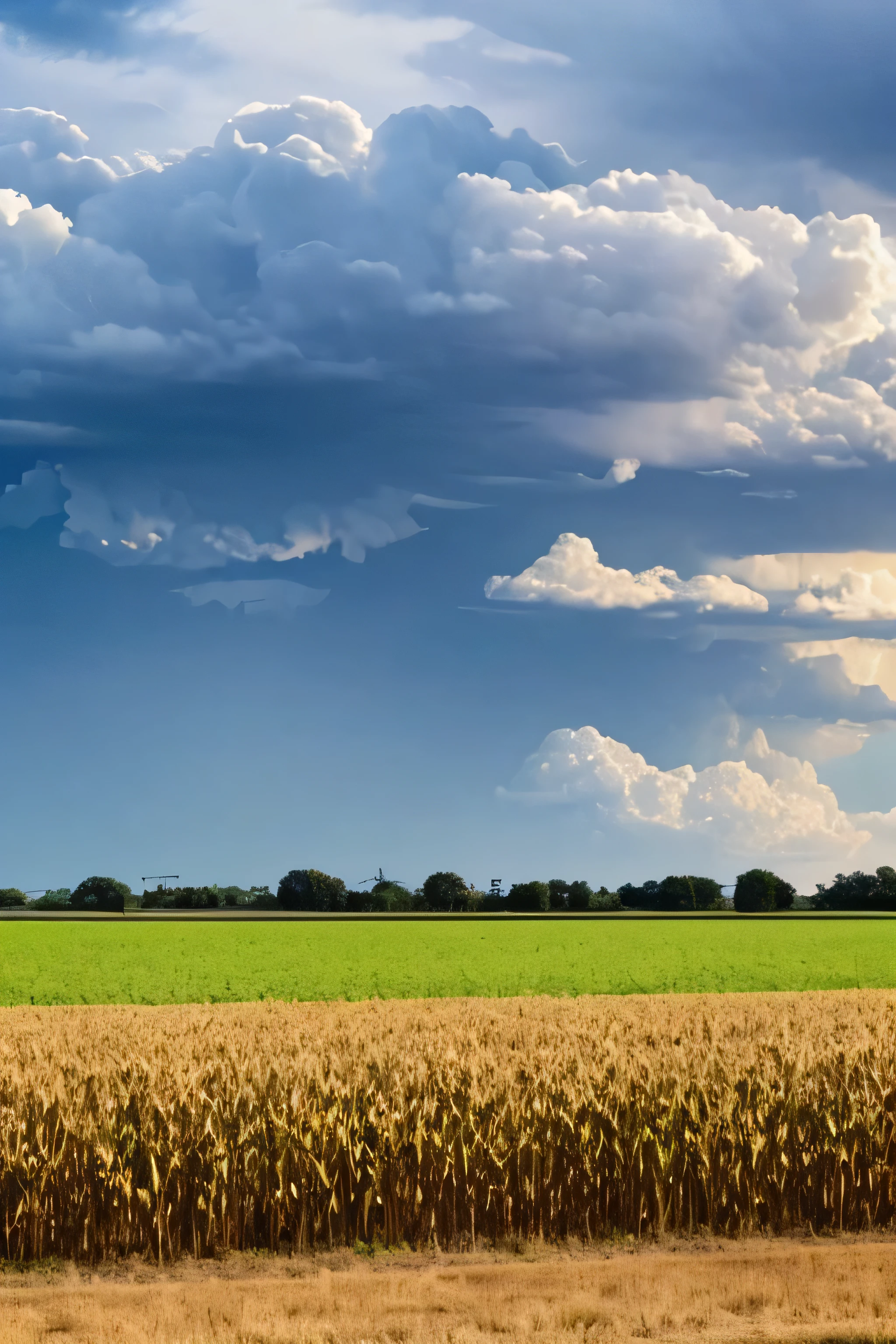 A cornfield in the sun with dark thunderheads forming in the distance.