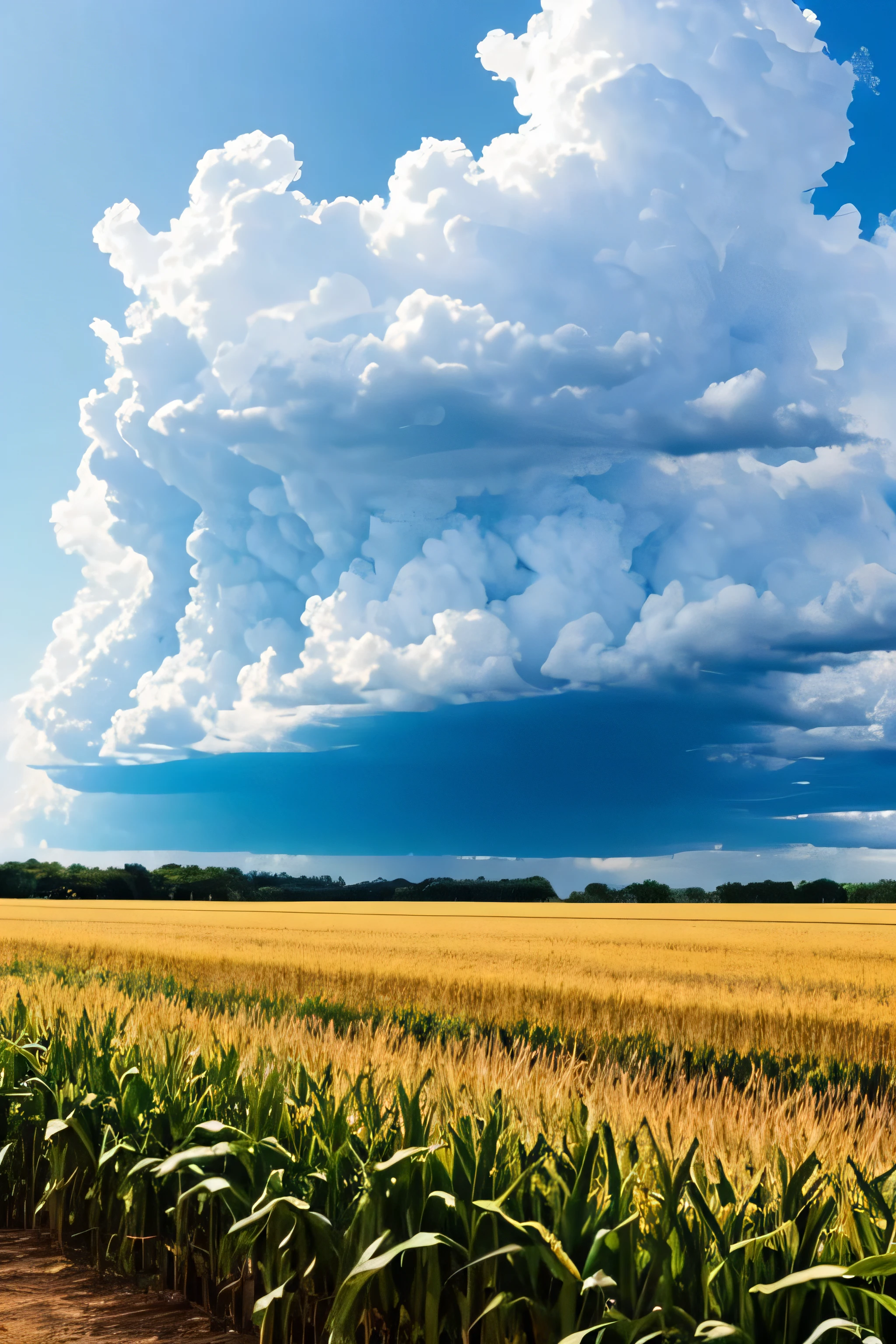 A cornfield in the sun with dark thunderheads forming in the distance.