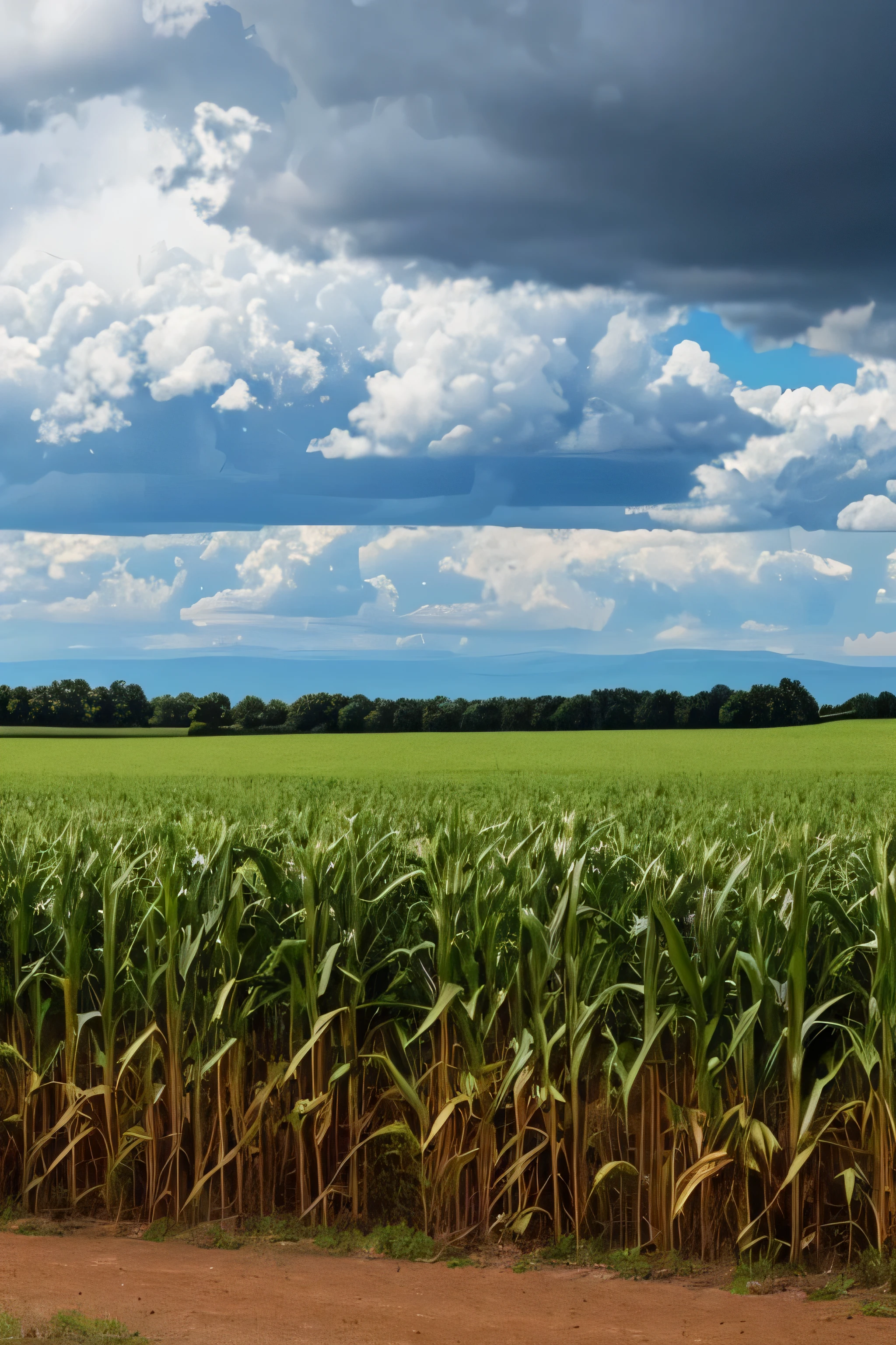 A cornfield in the sun with dark thunderheads forming in the distance.