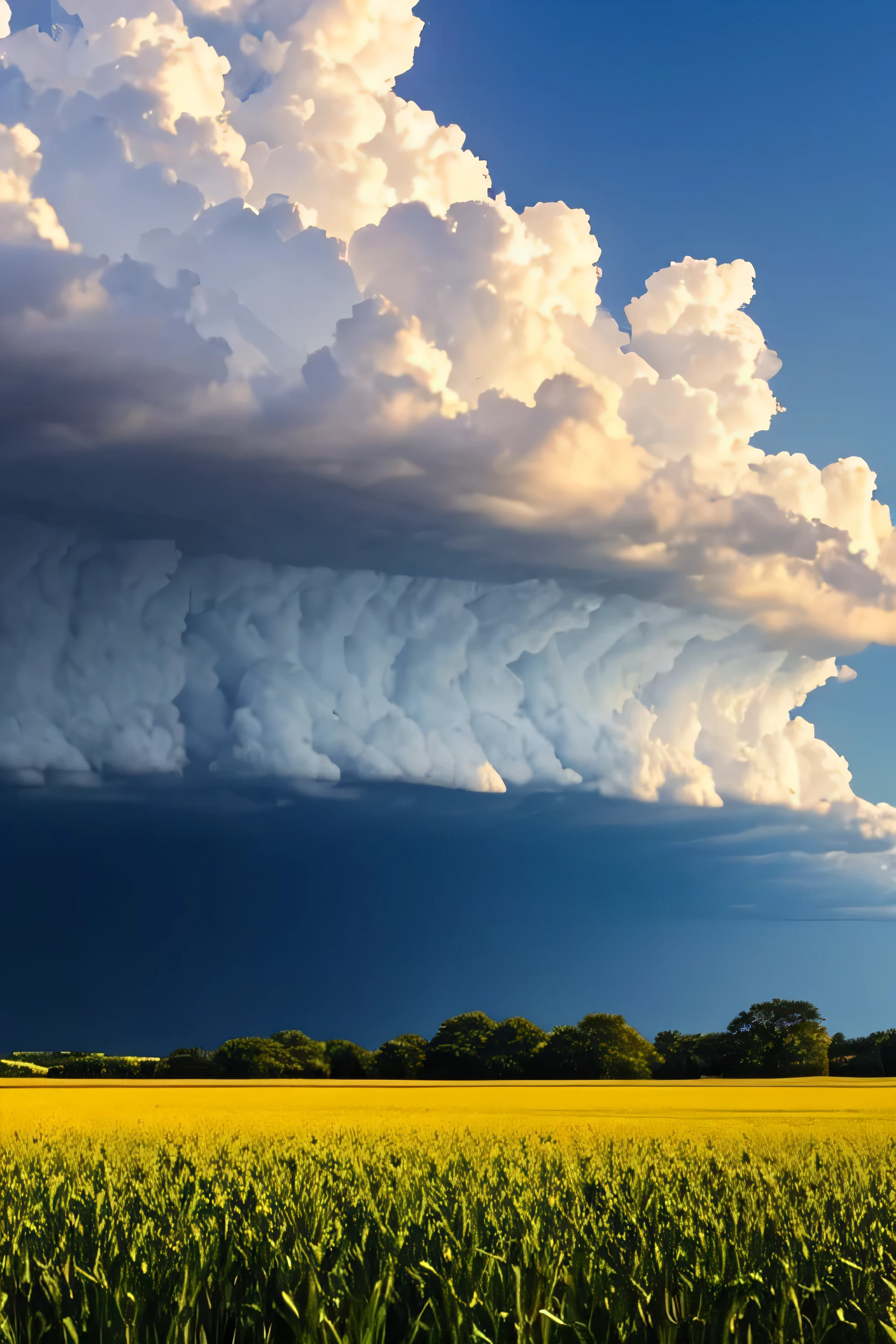 A cornfield in the sun with dark thunderheads forming in the distance. Rain falling with lightning.