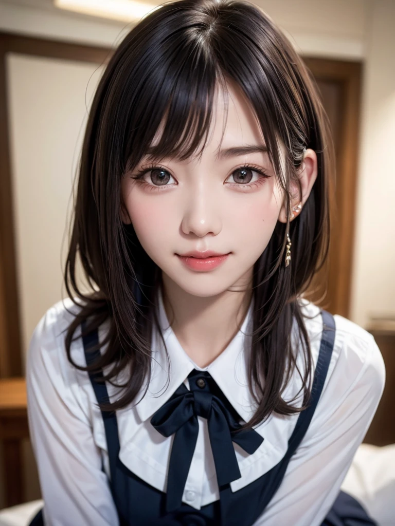 (Hyperreal Stick:1.4), (photoRealstic:1.4), Masterpiece、top-quality、Intense highlights in the eyes、a beautiful detailed girl, extremely detailed eye and face, beatiful detailed eyes, Ridiculous, unbelievable Ridiculous,Cute smile、 ultra-detailliert, hight resolution, ighly detailed, best qualtiy, masuter piece, ((Japan Girls' High School Uniform)), ighly detailed, 8k wallpaper, magnifica, finely detail, masuter piece,, best qualtiy, Very detailed uh uniform 8k wallpaper, Light on the Face、电影灯光、a 18 year old girl、((dynamicposes))、(half)、(Sitting on legs with bent knees)、short-hair、long neck、Put your ears out、bangss、big eye、Lashes、Beautiful teeth、kawaii、a very cute