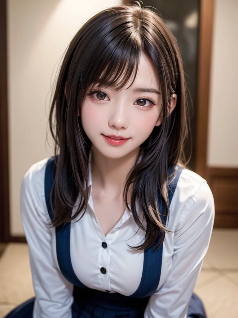 (Hyperreal Stick:1.4), (photoRealstic:1.4), Masterpiece、top-quality、Intense highlights in the eyes、a beautiful detailed girl, extremely detailed eye and face, beatiful detailed eyes, Ridiculous, unbelievable Ridiculous,Cute smile、 ultra-detailliert, hight resolution, ighly detailed, best qualtiy, masuter piece, ((Japan Girls' High School Uniform)), ighly detailed, 8k wallpaper, magnifica, finely detail, masuter piece,, best qualtiy, Very detailed uh uniform 8k wallpaper, Light on the Face、电影灯光、a 18 year old girl、((dynamicposes))、(half)、(Sitting on legs with bent knees)、short-hair、long neck、Put your ears out、bangss、big eye、Lashes、Beautiful teeth、kawaii、a very cute