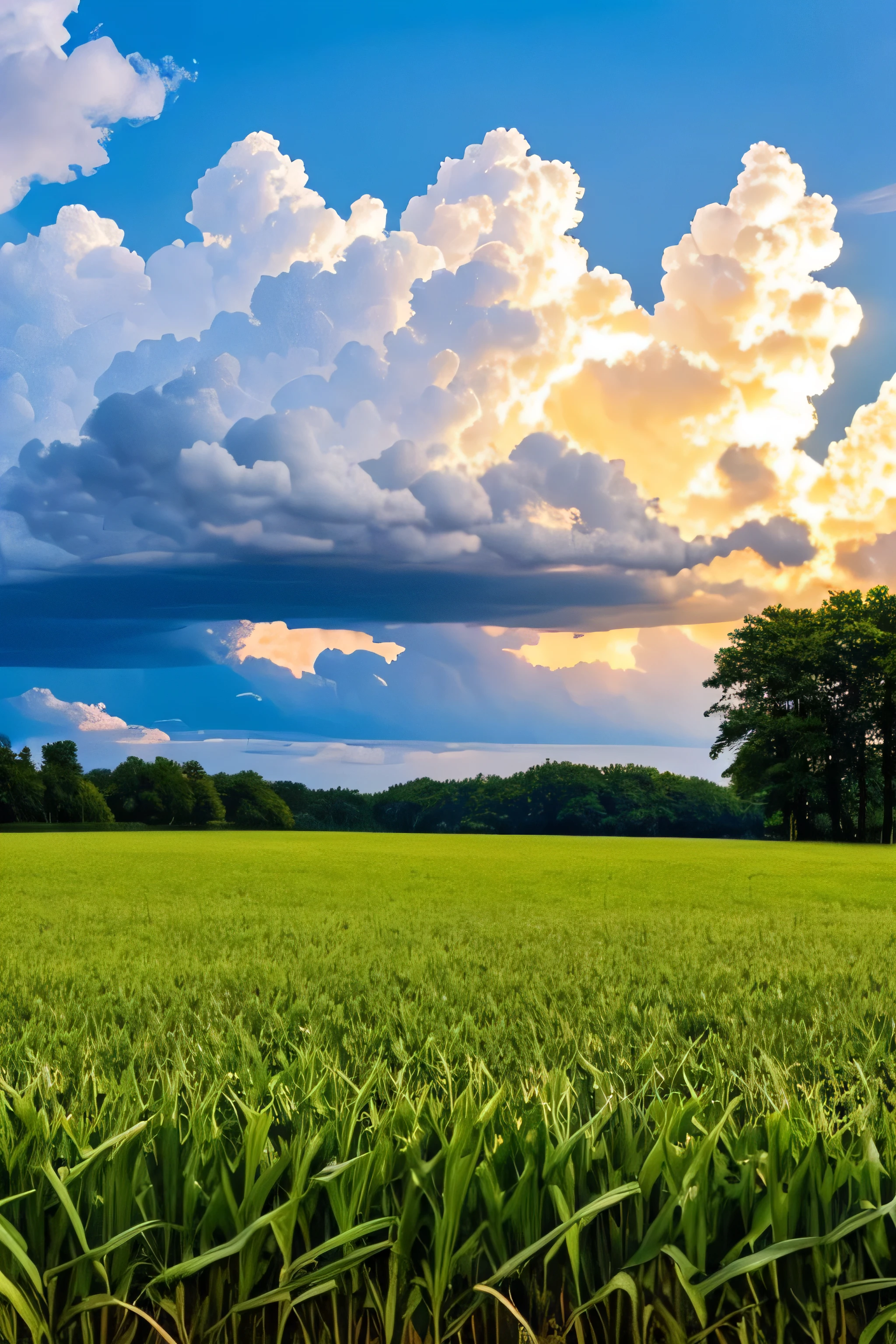 A cornfield in the sun with dark thunderheads forming in the distance. Rain falling with lightning.