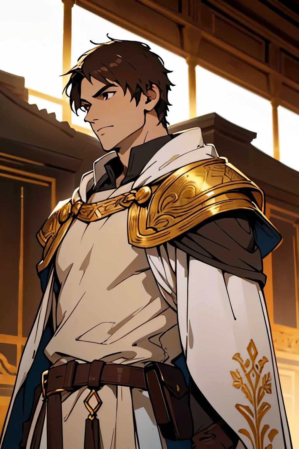 (((1male))), half body, facing viewer, short light brown hair, brown eyes, cute, pretty, white Greek tunic, small penis,