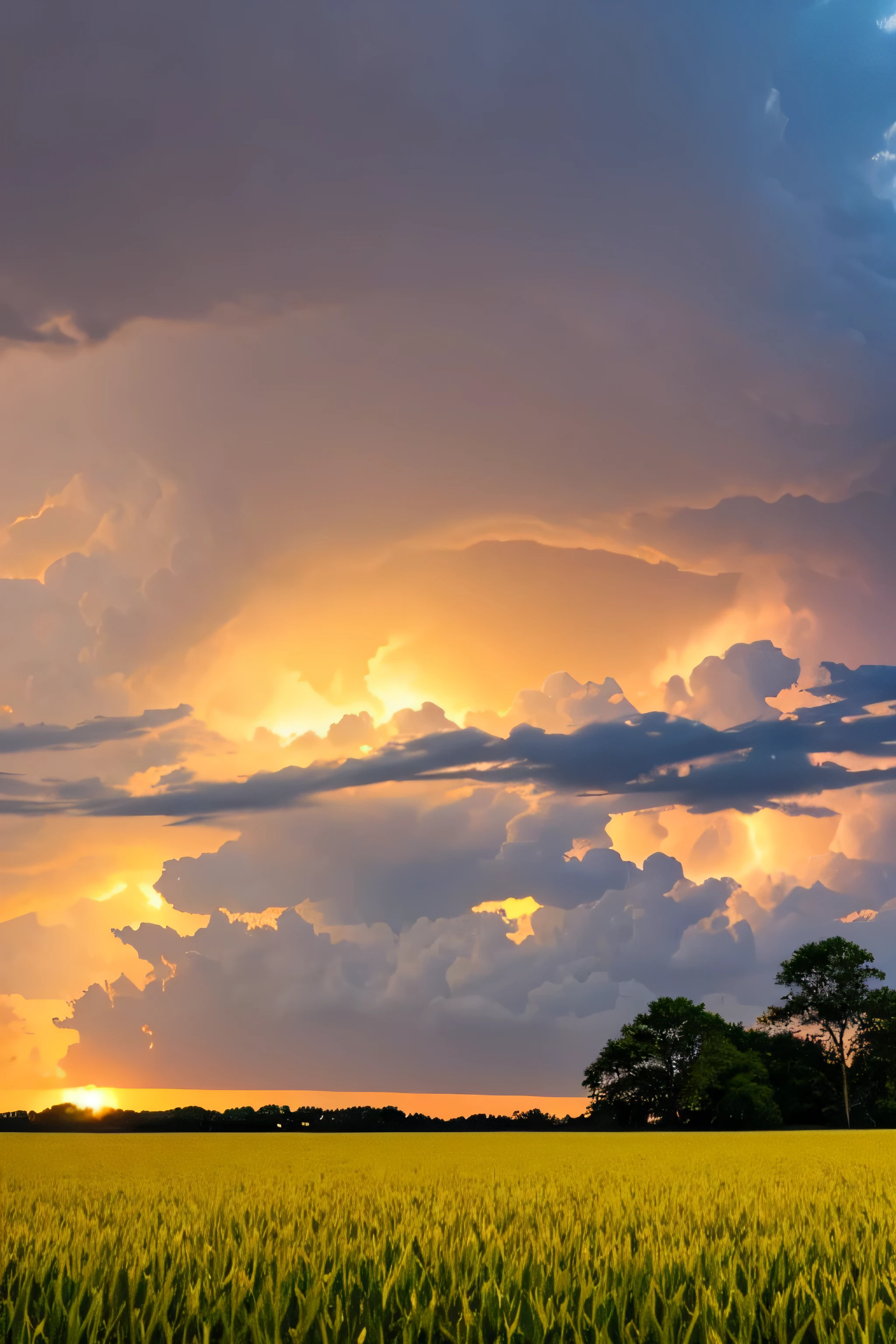 A cornfield in the sun with dark thunderheads forming in the distance. Rain falling with lightning.