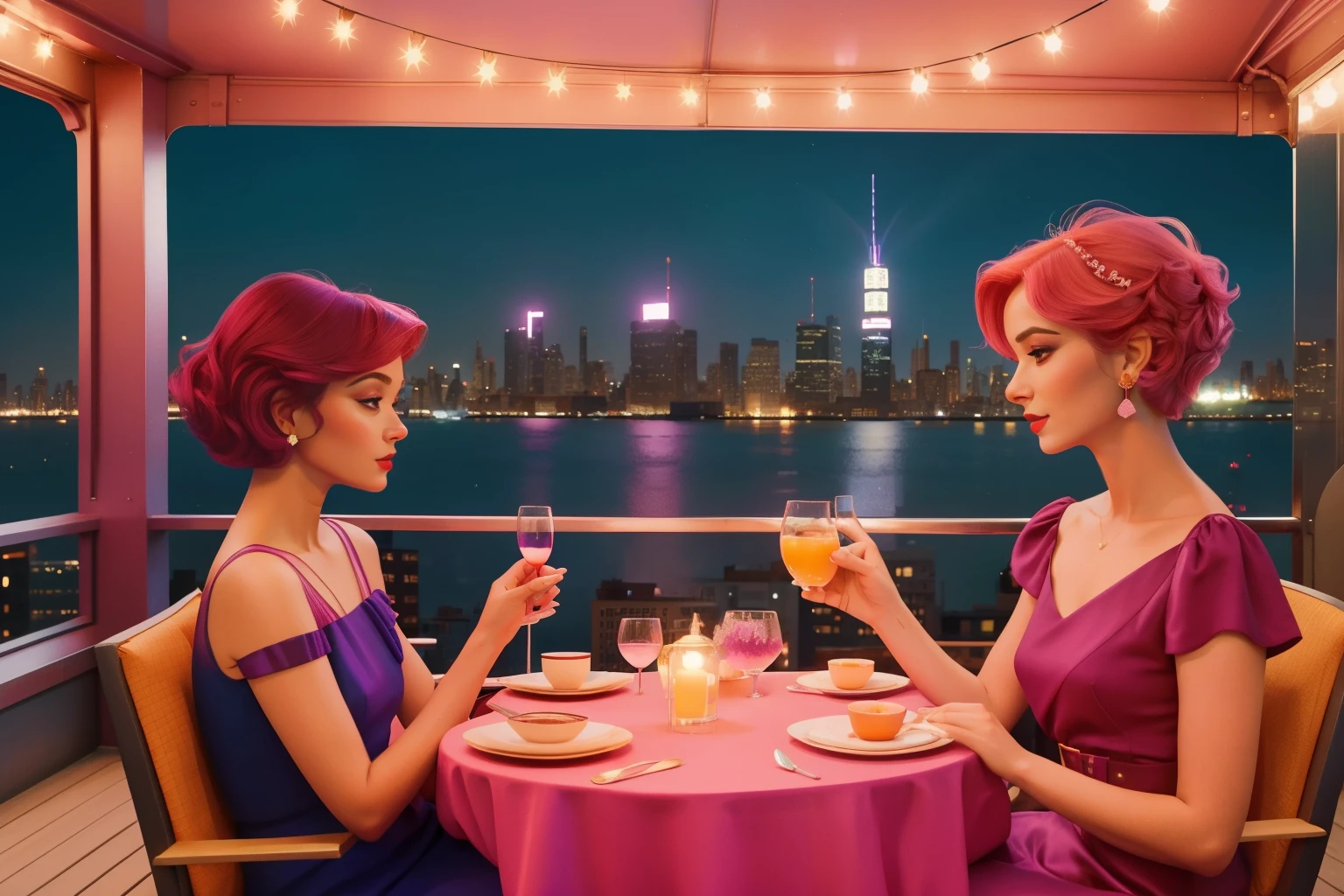 Nighttime Rooftop Teatime: Envision an adult woman with a pixie cut of vibrant magenta, wearing a chic jumpsuit, hosting a teatime soirée on a Manhattan rooftop. The skyline is illuminated with fairy lights, and the woman's gathering exudes the magical charm of Enid Blyton's tales in Wes Anderson's distinctive palette.