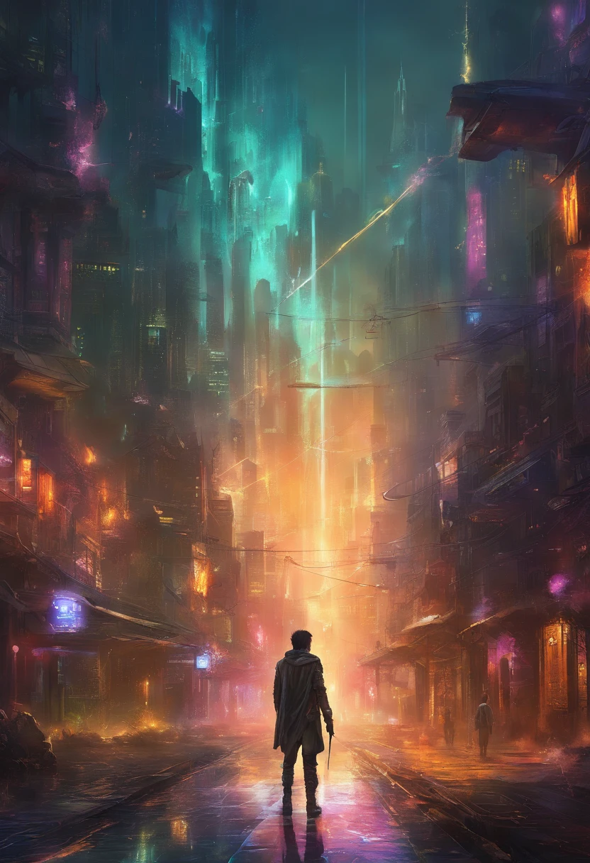 Dunkle Cyberpunk city im hintergrung mit regen Vordergrund junger mann ca. 15 jahre alles anime style