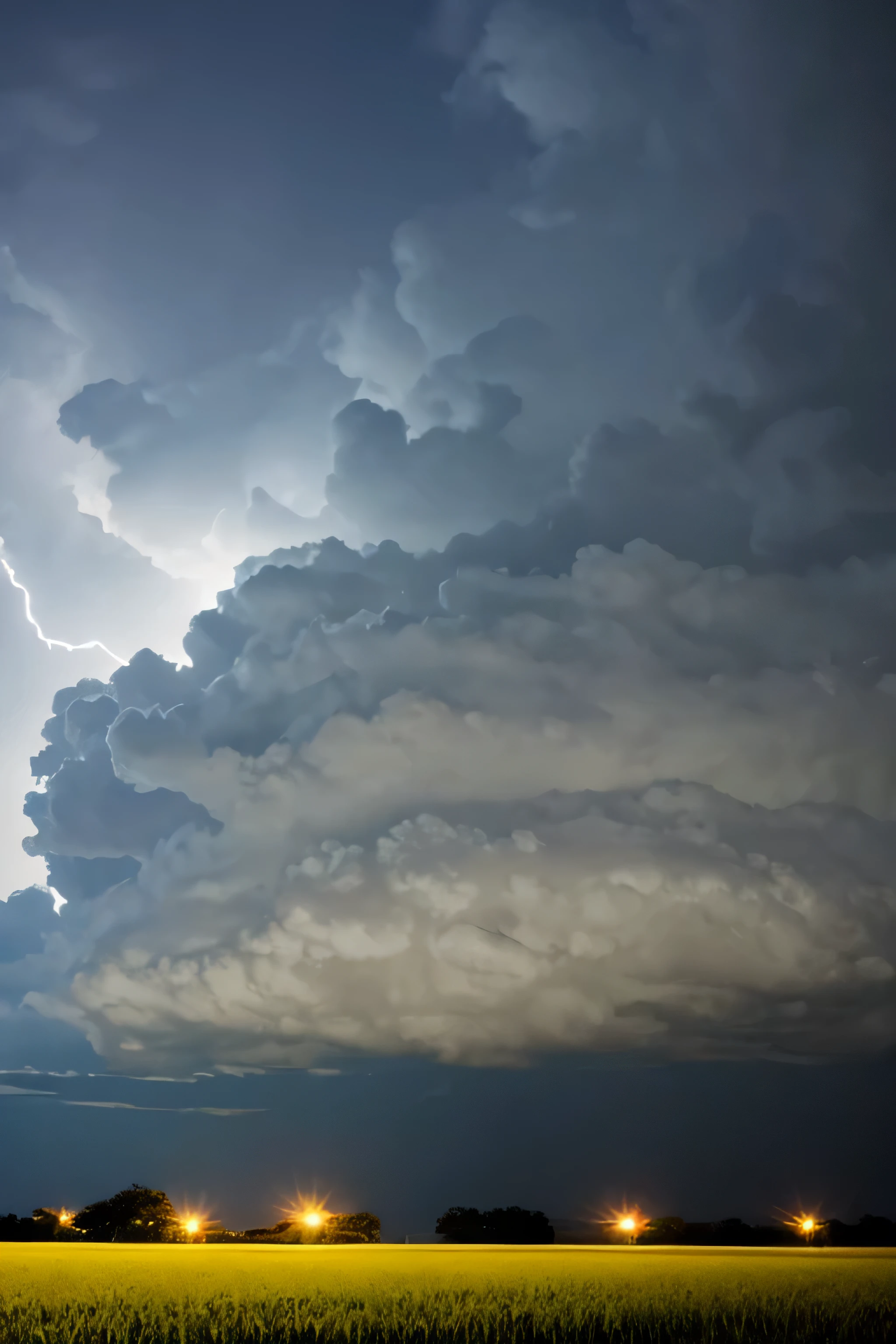 A cornfield in the sun with dark thunderheads forming in the distance. Rain falling with lightning.