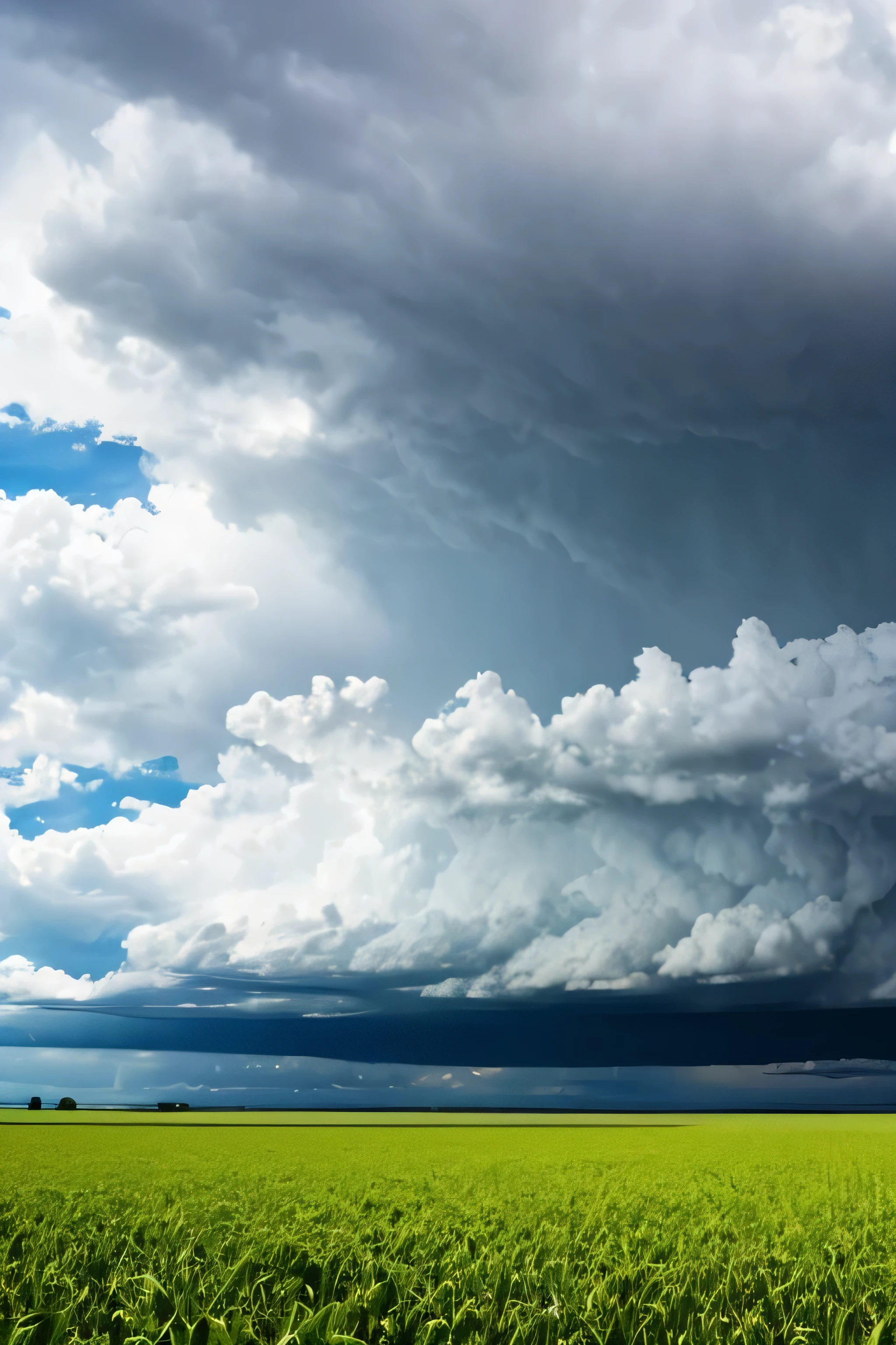 A cornfield in the sun with dark thunderheads forming in the distance. Rain falling with lightning.