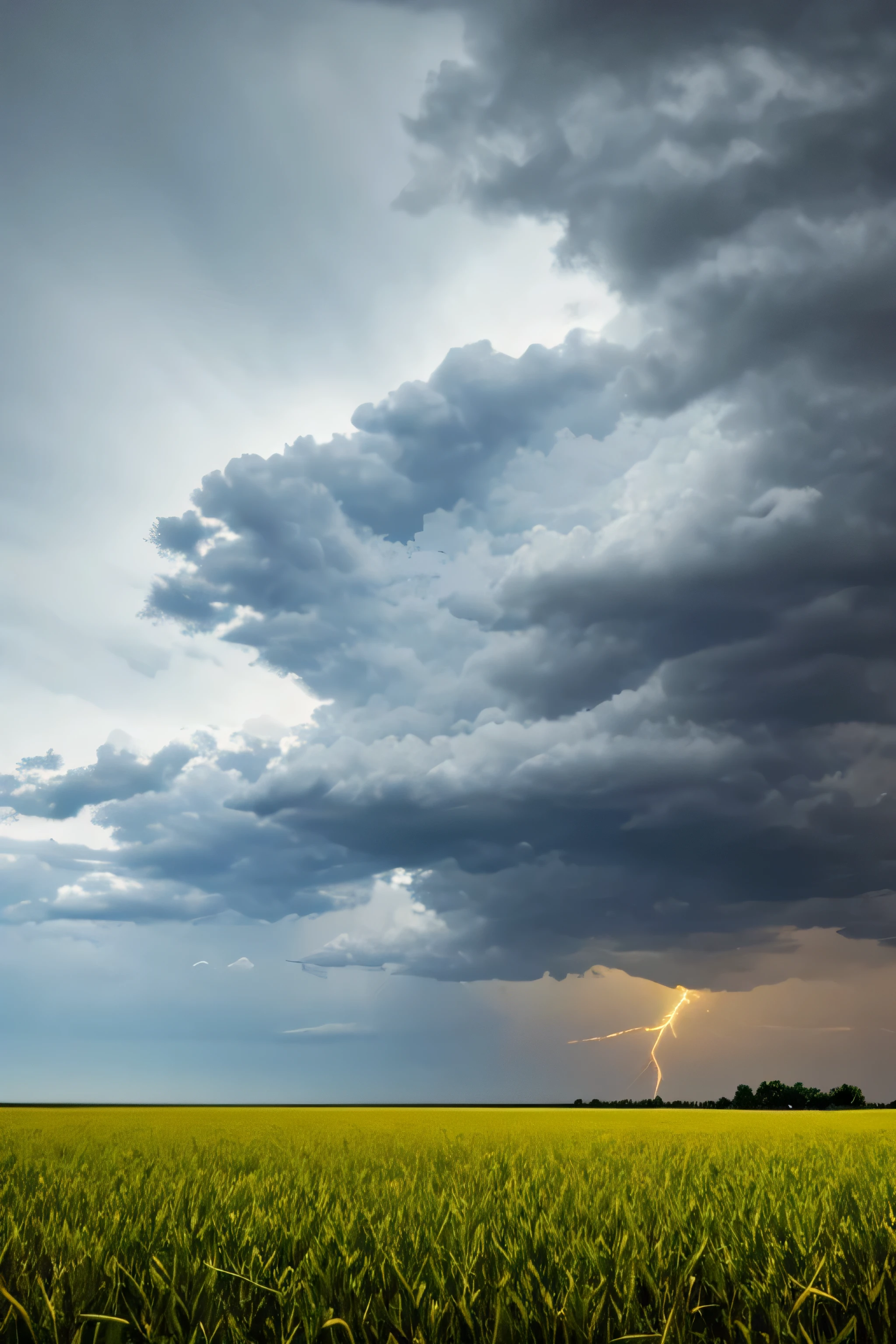 A cornfield in the sun with dark thunderheads forming in the distance. Rain falling with lightning.