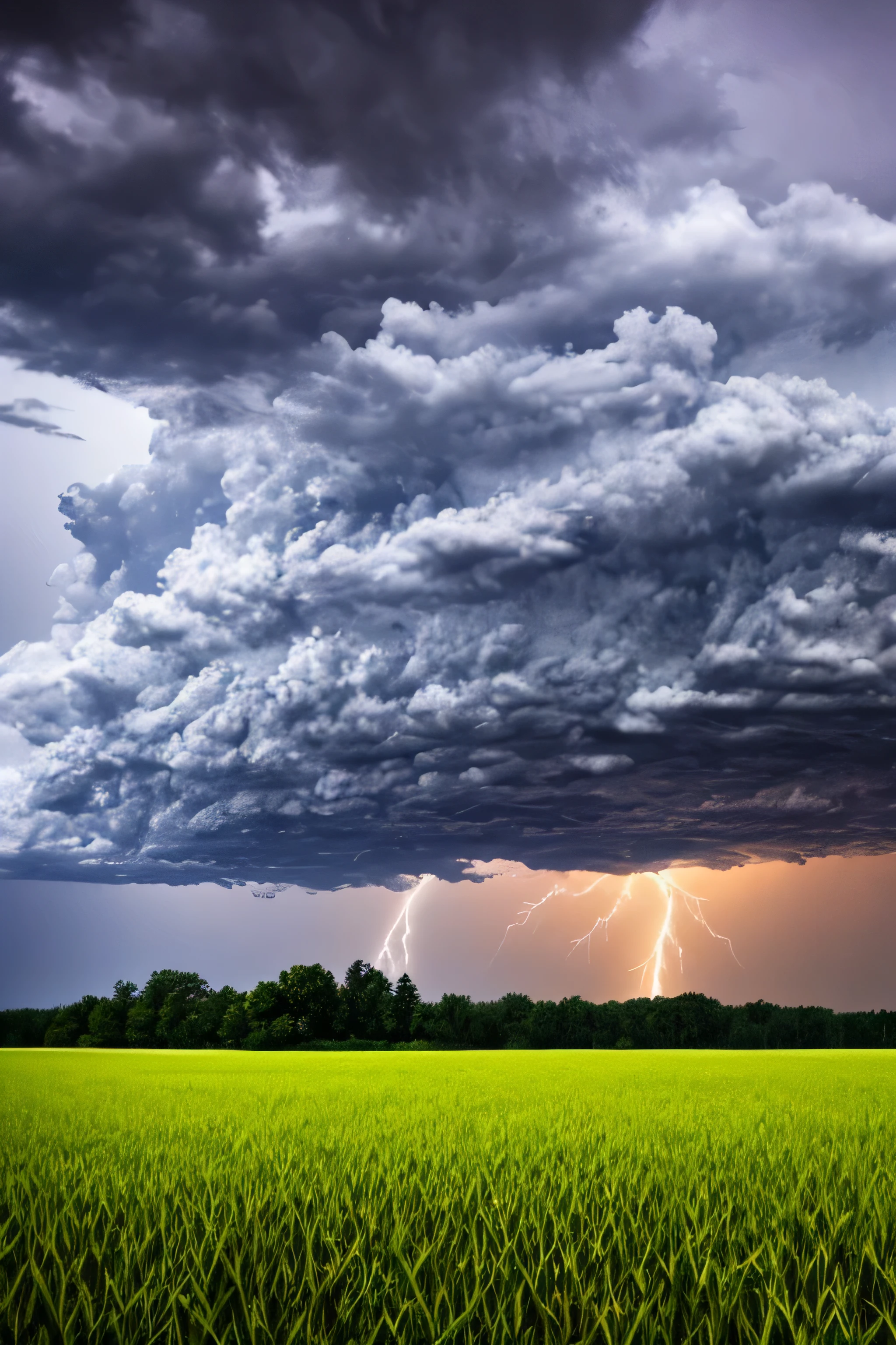 A cornfield in the sun with dark thunderheads forming in the distance. Rain falling with lightning.