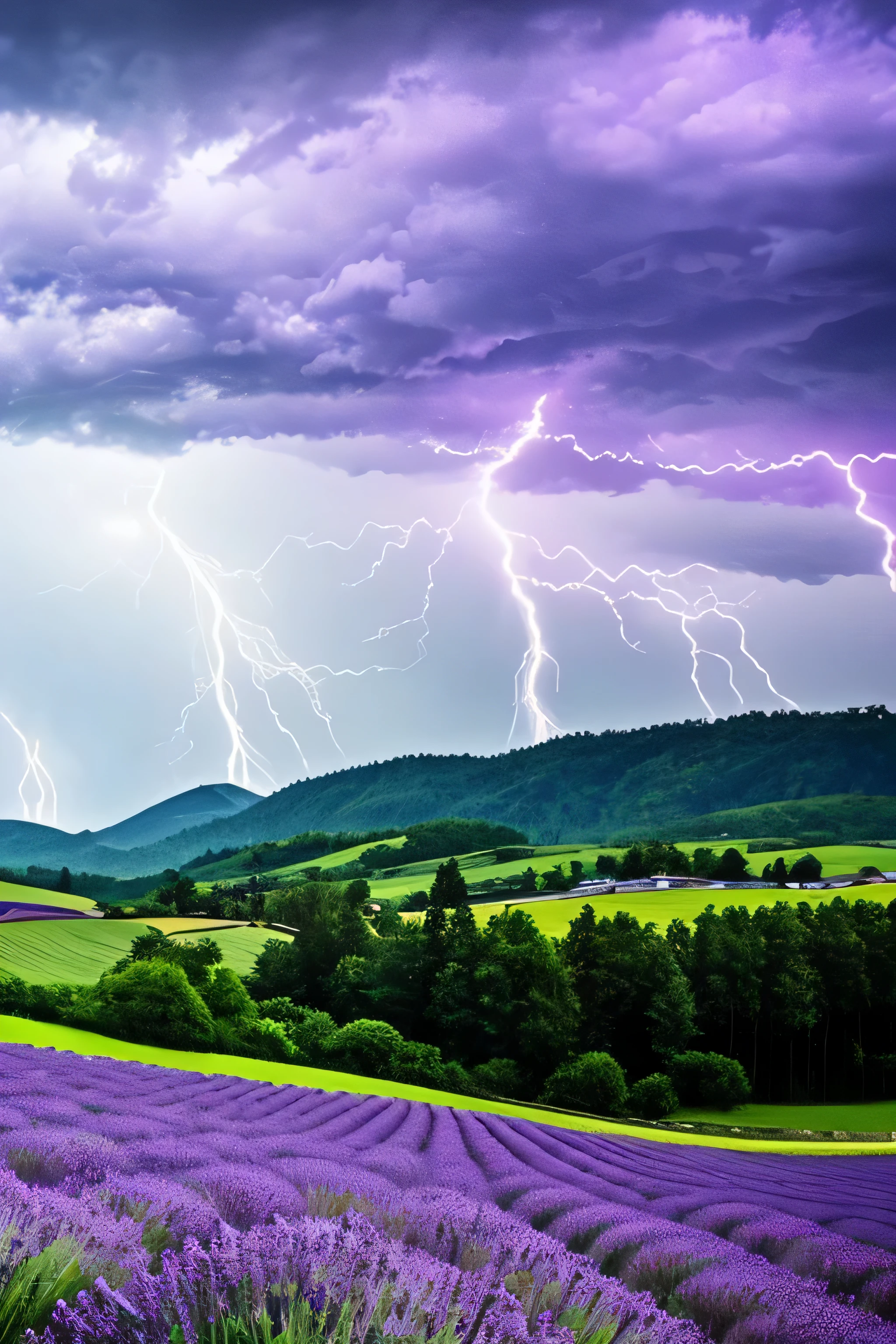 A lavender field with dark thunderheads forming in the distance. Rain falling with lightning.