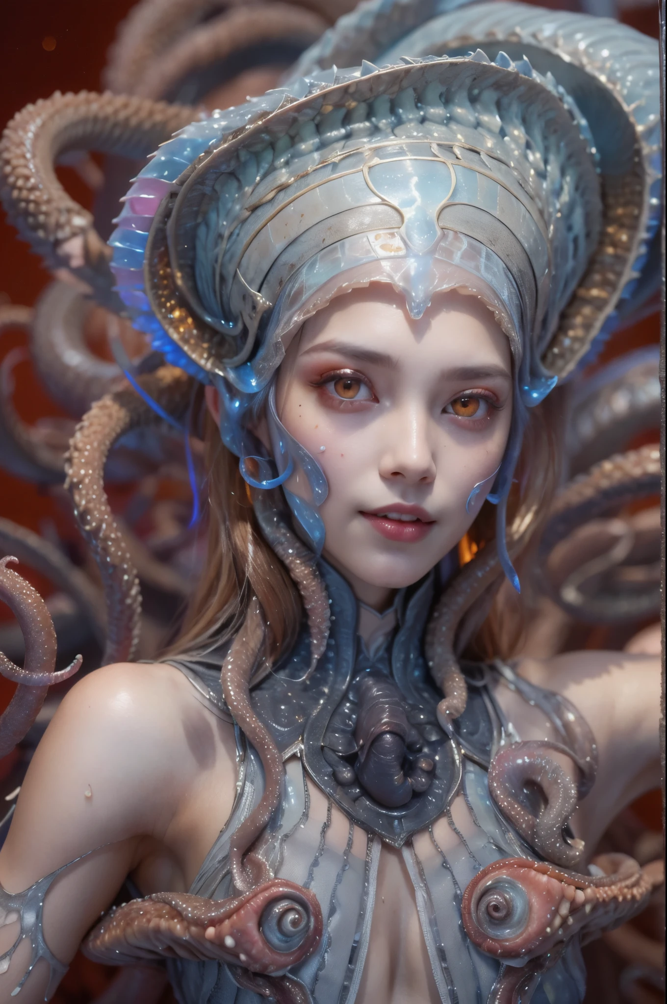 scary and sexy detailed art in color, Portrait, (beautiful and obscene female alien:1.4), (vulgarity1.5), (she has red eyes with no pupils:1.8), (Translucent skin:1.7), (There is a female genital-like organ in the middle of the forehead:1.9), (The most beautiful face in the history of the universe:1.2),an evil gaze that seduces, (large mouth:1.1), (sharp teeth like a vampire:1.2), Full body portrait, (bio luminescent:1.5), (Smile wickedly:1.3), (sexypose:1.5), alien, No humans, cells are fused, (Lots of translucent tentacles:1.3) extraterrestrial, cell, bio image, best quality, 8K,In 4K_quality, High freshness, Dramatic Lighting, masutepiece:1.5,cinematic quality, detail up, (exquisite details:1.2), high resolution, High freshness, drawing faithfully, (Thick eyebrows:1.2), Beautiful eyes with fine symmetry,(Highly detailed face and eyes:1.2), Intimate face, (Super detailed skin quality feeling:1.4), perfect anatomy, (Beautiful toned body:1.5), (Moist skin:1.2), not wearing makeup, (dark circles:1.1), long canines, cinematic drawing of characters, ultra high quality model, cinematic quality, detail up, (exquisite details:1.2), high resolution, High freshness, drawing faithfully, official art, Unity 8K Wall , 8K Portrait, best quality, Very high resolution, ultra detailed artistic photography, midnight aura, unreal engine 5, Ultra Sharp Focus, art by Amano Yoshitaka, ArtGerm, Roisch, intricate artwork, best quality, masterpiece, ultra high resolution, (photos realistic:1.4), ultra realistic realism, dream-like, nautilus, Creation of fantasy, Snail, Dream Snail, (biopunk nautilus:1.3),Thrilling color schemes, ultra realistic realism, seductively smiling, Blue tentacles,