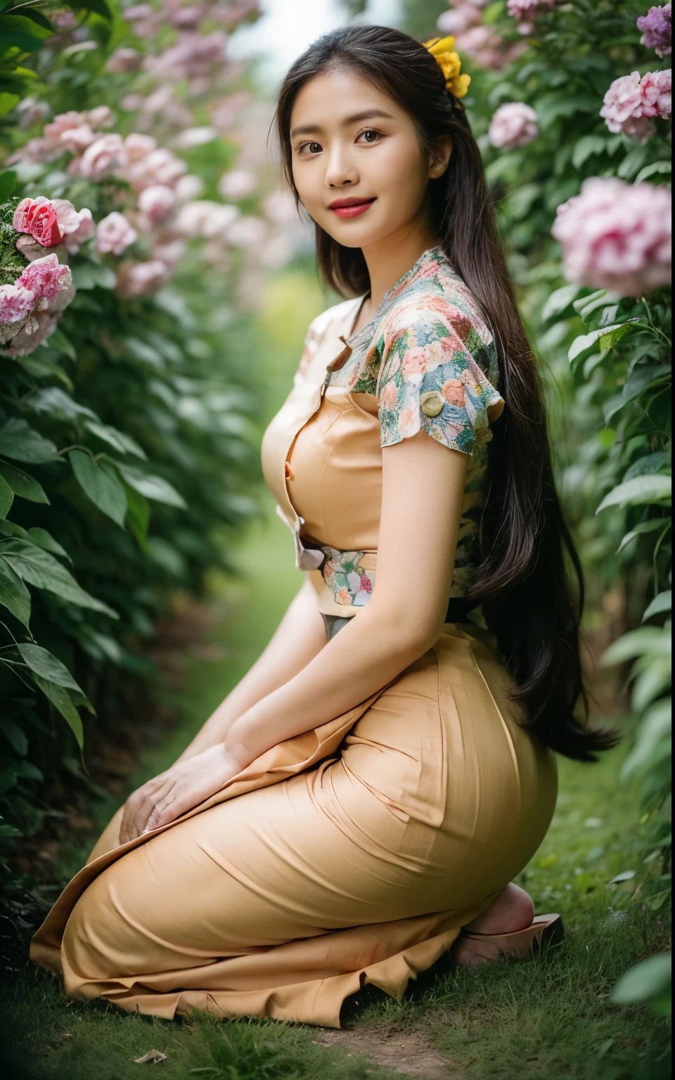 Asian woman long hair in a gold Indonesia batik long skirt and Indonesia batik black shirt walking in flowers park, Beautiful Body, traditional beauty, wearing beautiful Indonesia batik clothes, Indonesia batik traditional dress, acmm ss outfit, acmm long skirt, wearing acmm top, very attractive and beautiful, with lovely look, traditional clothes, very beautiful enga style, film grain background.