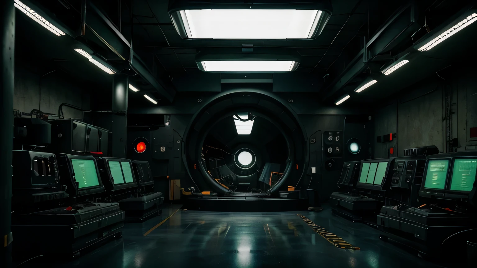 in a military laboratory, large room,unheimliche Stimmung,viele technische Maschinen,Viele Kabel verlaufen durch den Raum,disturbing atmosphere, dunstig, a large mechanical and cylindrical capsule in the middle of the room with a silhouette inside, Studiobeleuchtung,physikalisch basierte Darstellung,lebendige Farben