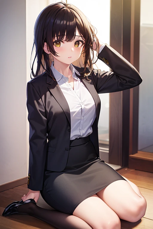 1girl, sayu ogiwara, suit, office lady, black skirt, black blazer, pencil skirt, long skirt, white shirt, collared shirt, long hair, ager, looking at viewer, full body
