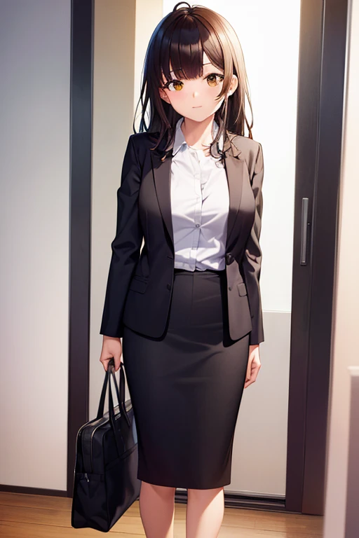 1girl, sayu ogiwara, suit, office lady, black skirt, black blazer, pencil skirt, long skirt, white shirt, collared shirt, long hair, teenager, looking at viewer, full body