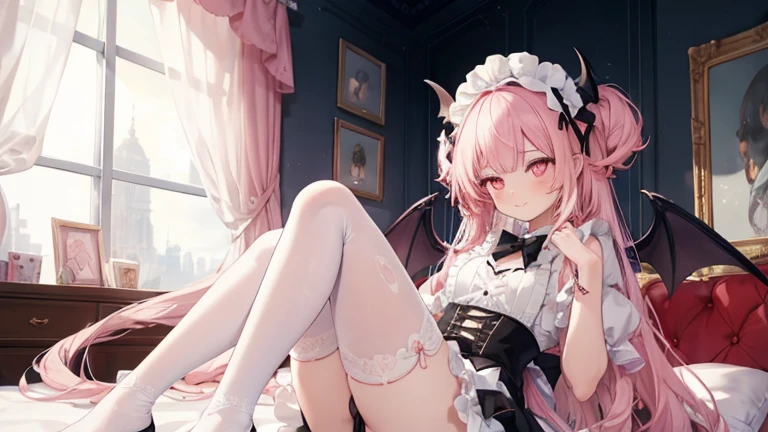 ung girl,little devil,long pink hair,pointy little eareautiful eyes,cute face,There are small wings on the head,bat wings,Lace maid outfit,White knee socks,Large living room background,bend over,The slender tail raised,smile for camera