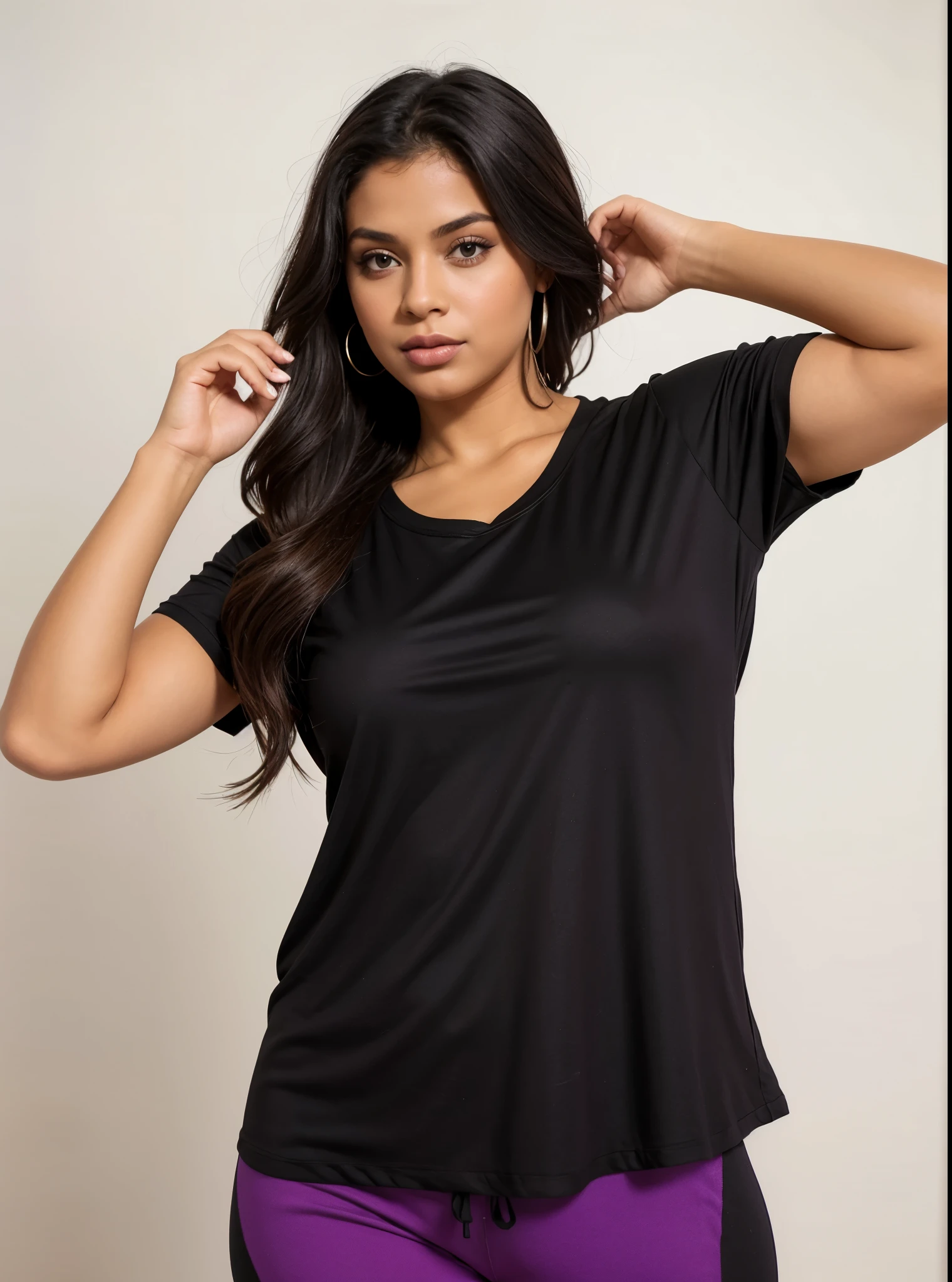 a woman in a blusa and purple pants posing for a picture, vestindo camiseta preta, blusa preta, vestindo uma camiseta preta, wearing a Camiseta preta, camiseta preta, camisa preta, wearing a camisa preta, manga curta, camiseta preta, Camiseta preta, vestindo uma camiseta, vestindo um top fofo, roupas pretas casuais