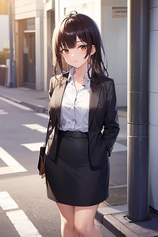 1girl, sayu ogiwara, suit, office lady, black skirt, black blazer, pencil skirt, long skirt, white shirt, collared shirt, long hair, teenager, looking at viewer, full body