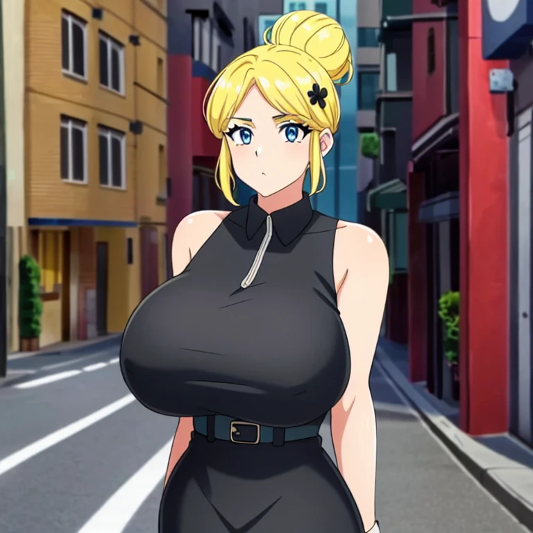 1girl, (Piper, girl, yellow hair, hair in a bun, black bodycon dress, Blue eyes, posing, I look at the viewer, street background, anime, gigantic breasts
