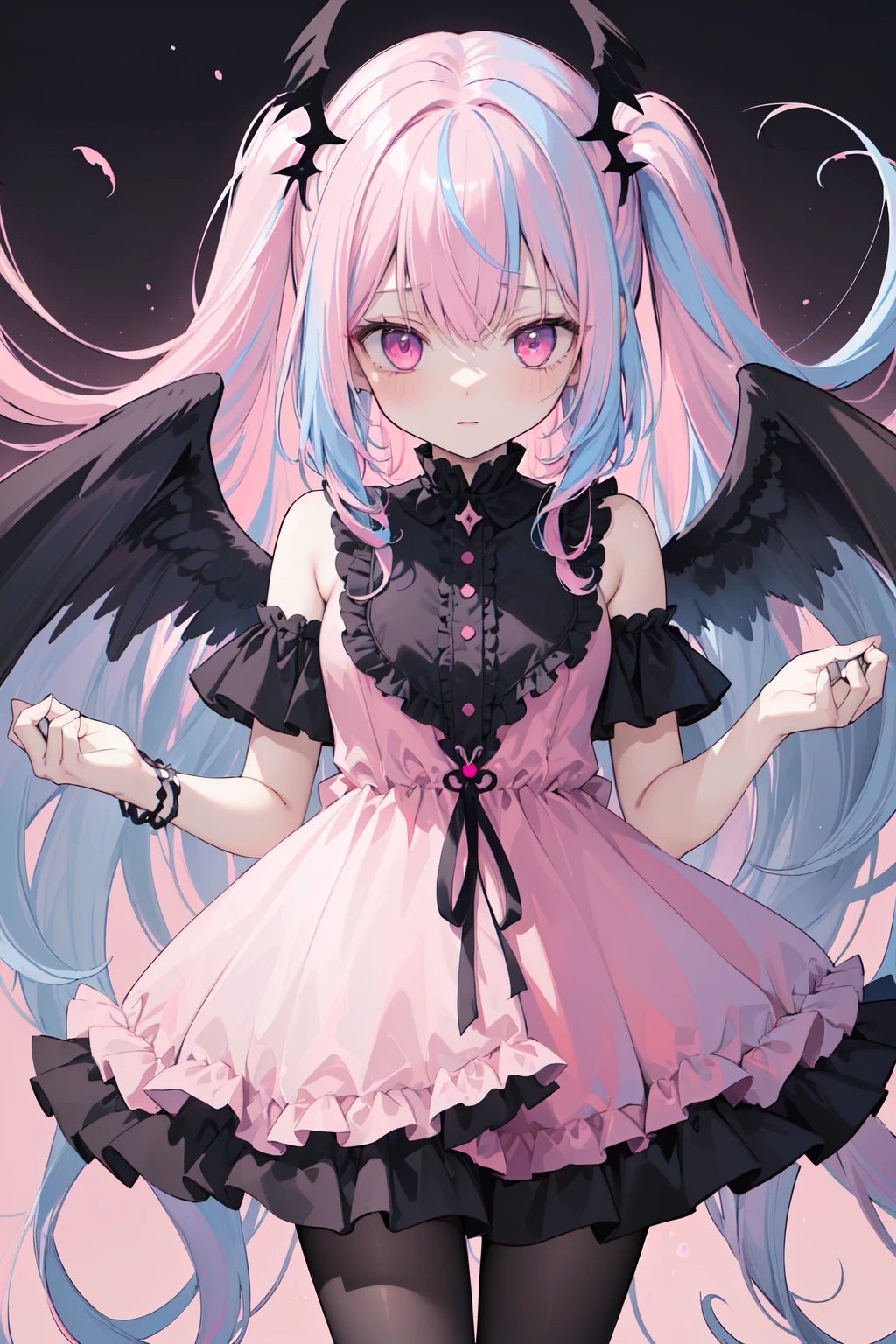(((masterpiece, high quality))), 1girl, (((black wings))), fallen angel girl, (dark pink and dark blue wing feathers), dark magenta eyes, celestial, demonic realm background, (((twotone split hair color))), (((light blue and pink hair))), ((very long curly hair)), demonic dress
