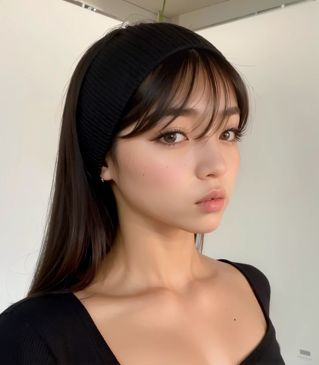 una mujer de pelo largo con un top negro y una diadema negra, long flequillo recto, she has black hair con flequillo, Lalisa Manobal, neat hair con flequillo, flequillo recto, con flequillo, hermosa mujer surcoreana, hermosa joven coreana, con flequillo completo, muchacha coreana, hermosa joven coreana, joven y adorable rostro coreano, long hair con flequillo