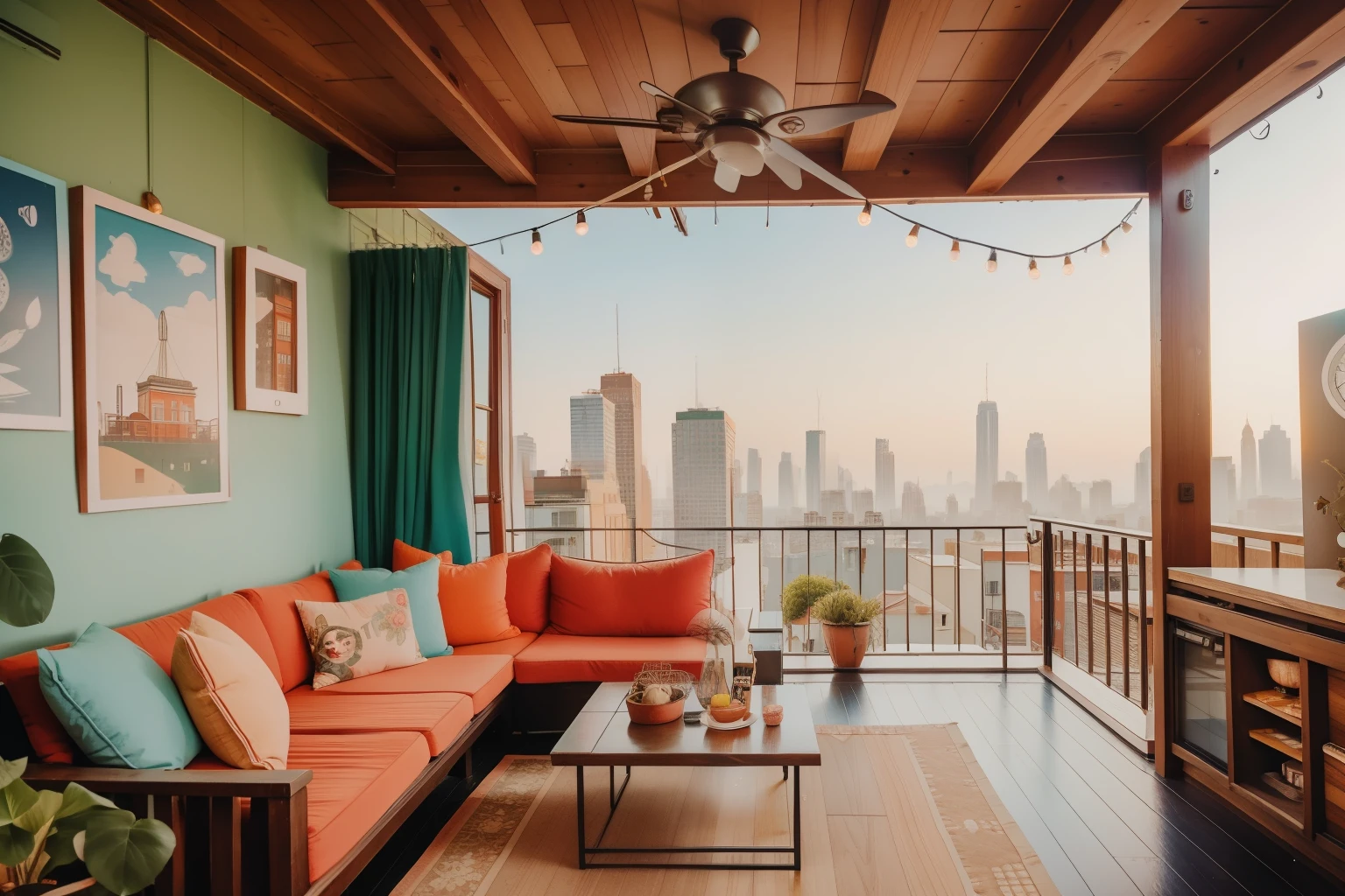 The Brooklyn Treehouse Retreat: Craft an image of an adult man with a beard and a man bun, dressed in a combination of urban and vintage styles, creating a secret treehouse on a Brooklyn rooftop. The treehouse is filled with mismatched furniture and whimsical decor, resonating with the playful spirit of Enid Blyton amidst the cityscape. Depict the scene using Wes Anderson's characteristic color palette.