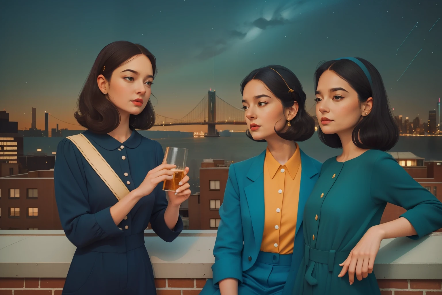 Rooftop Stargazing in Williamsburg: Imagine a woman in her thirties with sleek black hair and a retro jumpsuit, enjoying a serene night of stargazing on a Williamsburg rooftop. The skyline is dotted with twinkling lights, and the woman is surrounded by a collection of antique telescopes, blending the enchantment of Enid Blyton with the urban sophistication of New York. Capture the moment using Wes Anderson's charming colors.