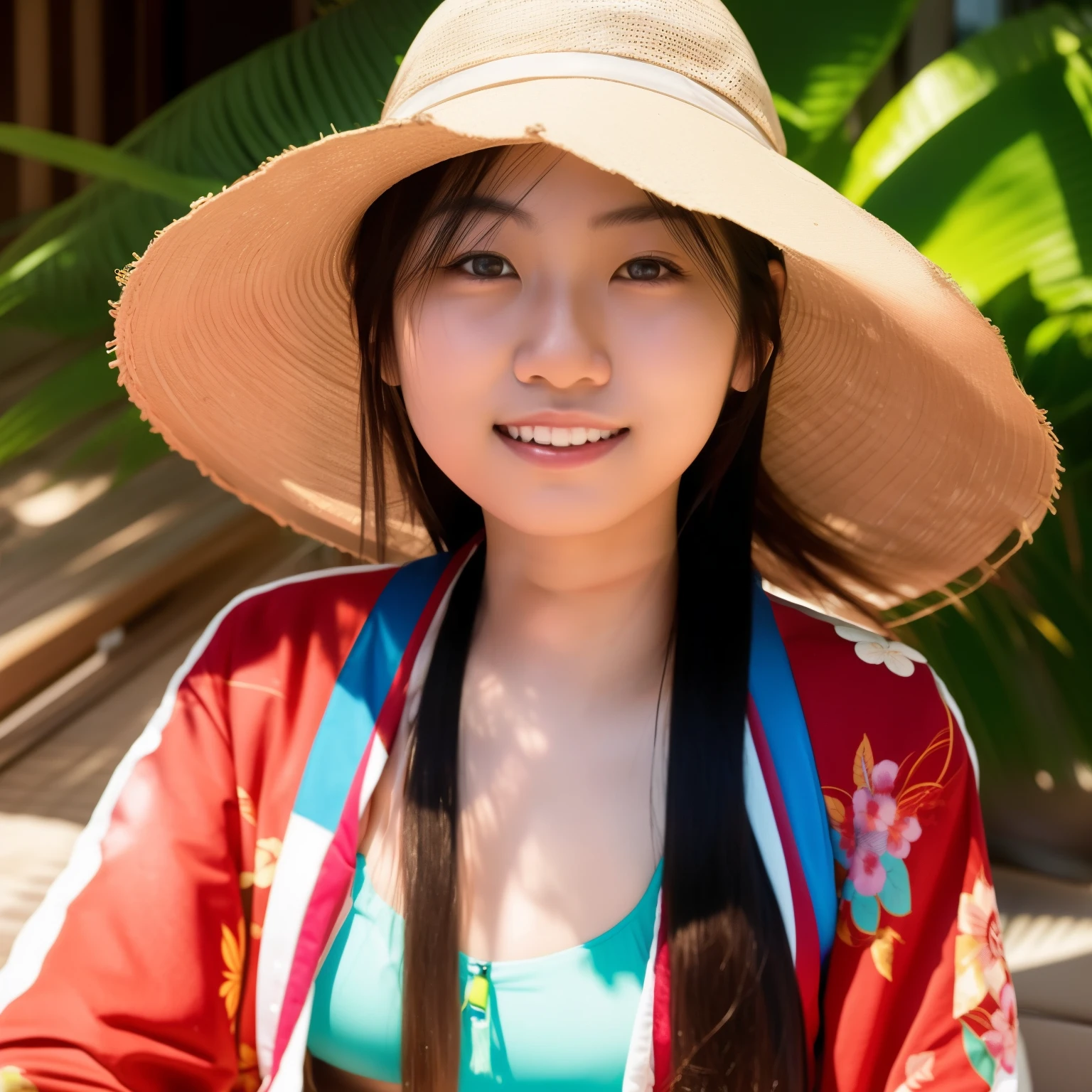 arafed woman sitting on a chair with a smile on her face, 2 8 years , Asian girl with long hair, young Asian woman, portrait shot straight on angle, 135mm lens at 2.8f, south east Asian with round face, body shoot, swim suit.