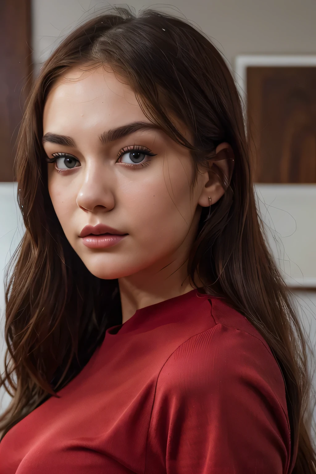 arafed woman with a red shirt, sasha grey, portrait sophie mudd, 18 years old, stunning closeupheadshot, madison beer girl portrait, violet myers, she looks like a mix of grimes, very pretty model, arian mark, 60mm portrait, 8k resolution, very detailed image, bundled hair, blue eyes, instagram photo, hot photo,
