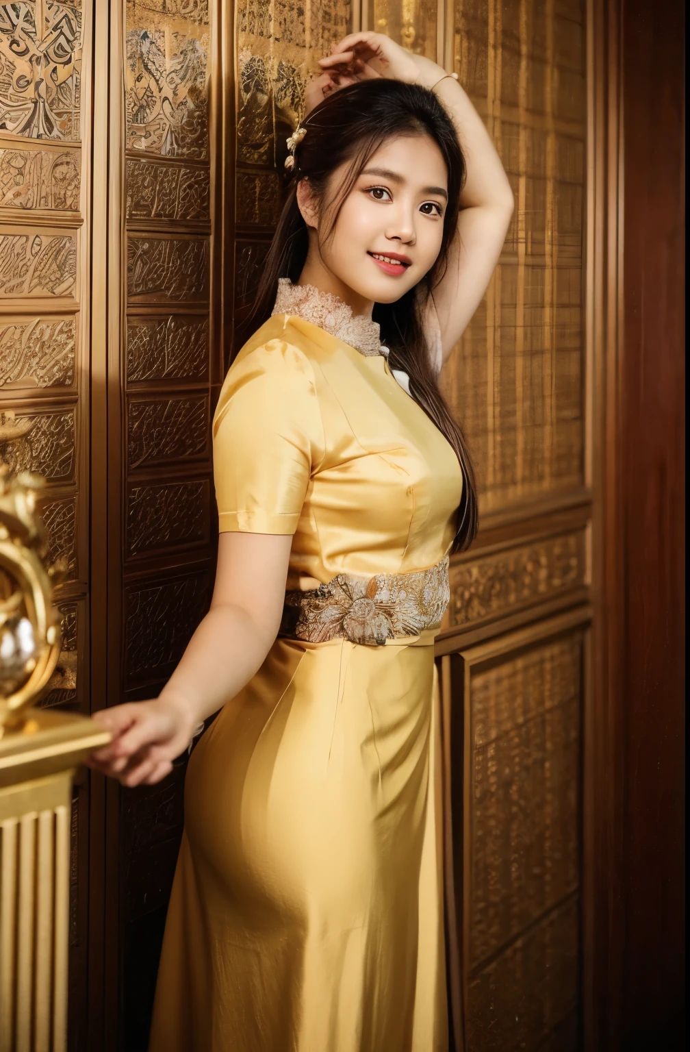 Asian woman long hair in a gold Indonesia batik long skirt and Indonesia batik black shirt Leaning against the wall, Beautiful Body, traditional beauty, wearing beautiful Indonesia batik clothes, Indonesia batik traditional dress, acmm ss outfit, acmm long skirt, wearing acmm top, very attractive and beautiful, with lovely look, traditional clothes, very beautiful enga style, film grain background.