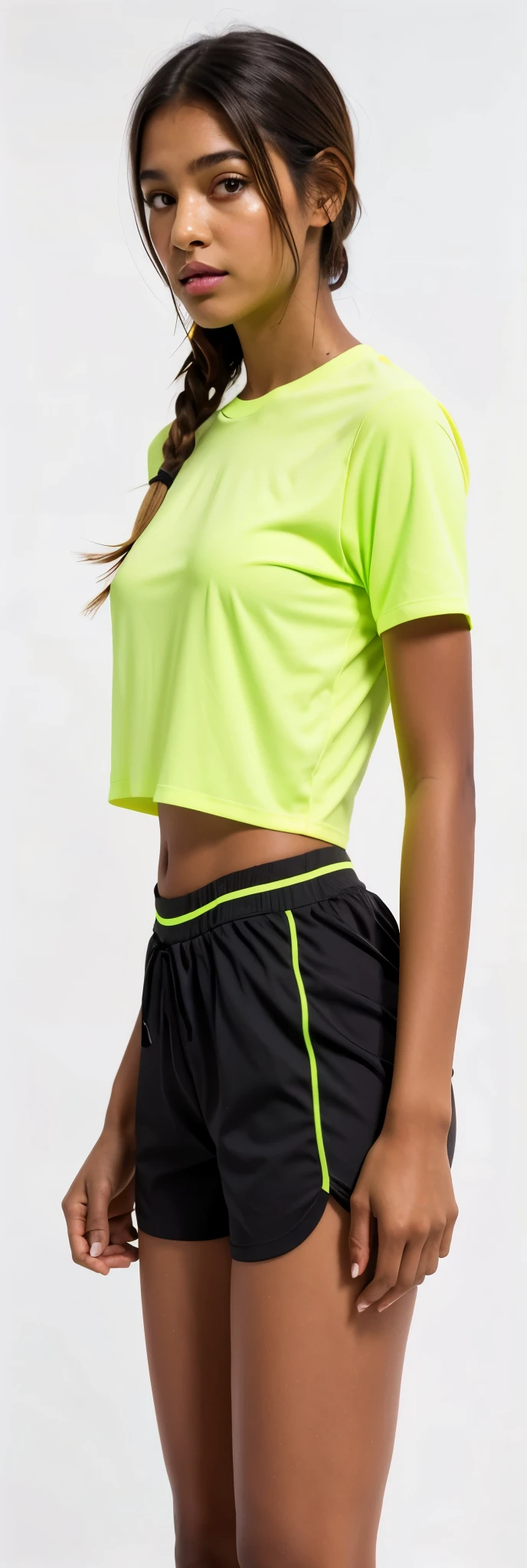 a woman in a yellow corte superior and shorts, (neon colors), vestindo um top cortados, vestindo um top cortado, neon vibrations, com camiseta rasgada, usando um top cropped sexy, bordas neon na parte inferior do corpo, physicist : a menor barriga de todos os tempos, lime green, vestindo top amarelo, corte superior, verde neon