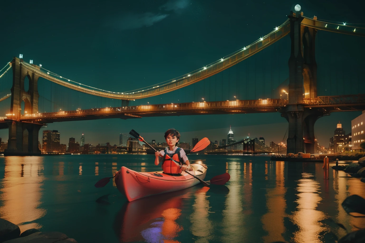 Moonlit Kayaking Beneath Brooklyn Bridge: Picture a woman in her twenties with a pixie cut, dressed in urban athletic wear, embarking on a moonlit kayaking adventure beneath the Brooklyn Bridge. The East River glows with the reflection of city lights, and the woman's solitary expedition resonates with the magical undertones of Enid Blyton. Capture the scene using Wes Anderson's dreamy color palette.