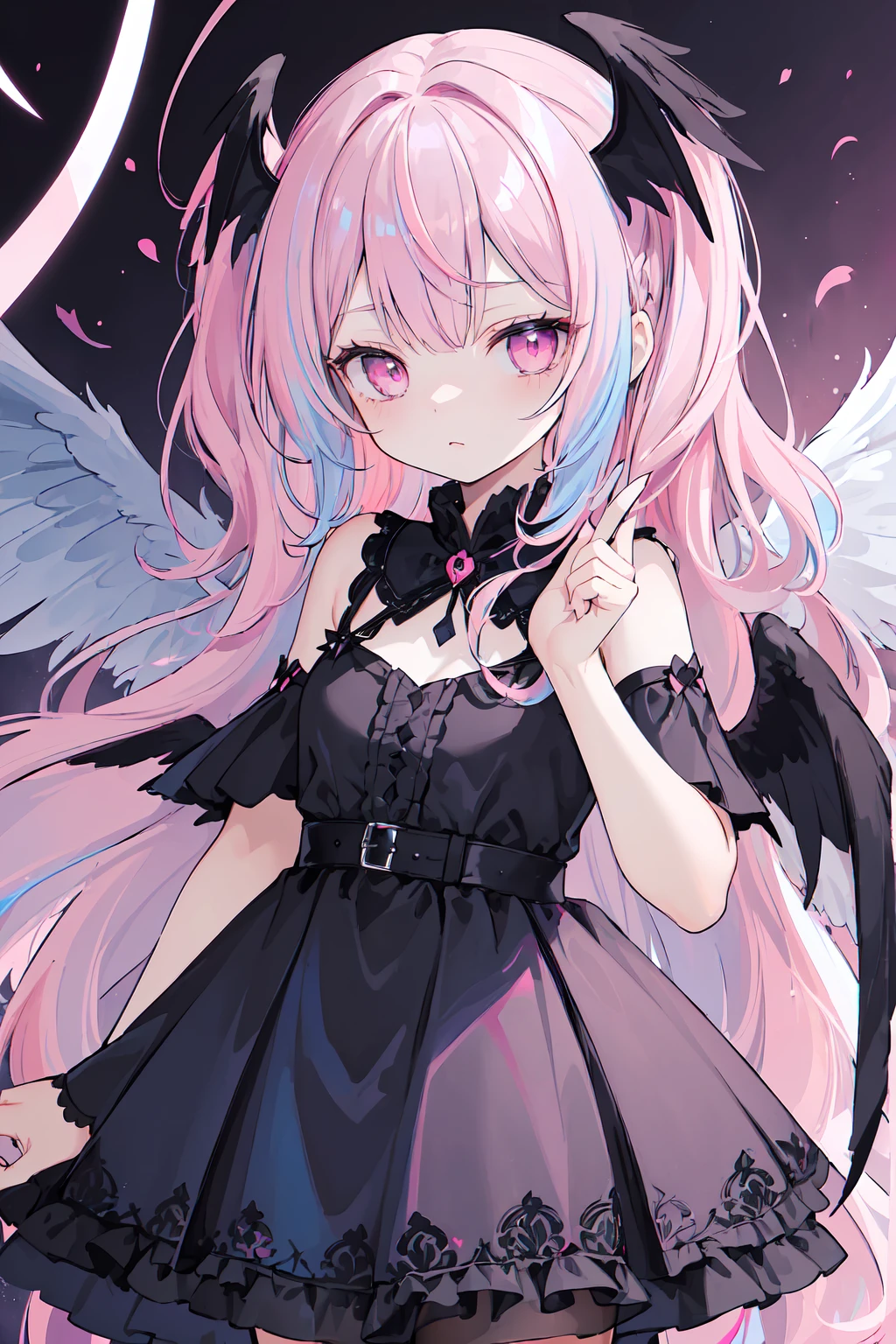 (((masterpiece, high quality))), 1girl, (((black wings))), fallen angel girl, (dark pink and dark blue wing feathers), dark magenta eyes, celestial, demonic realm background, (((twotone split hair color))), (((light blue and pink hair))), ((very long curly hair)), demonic dress
