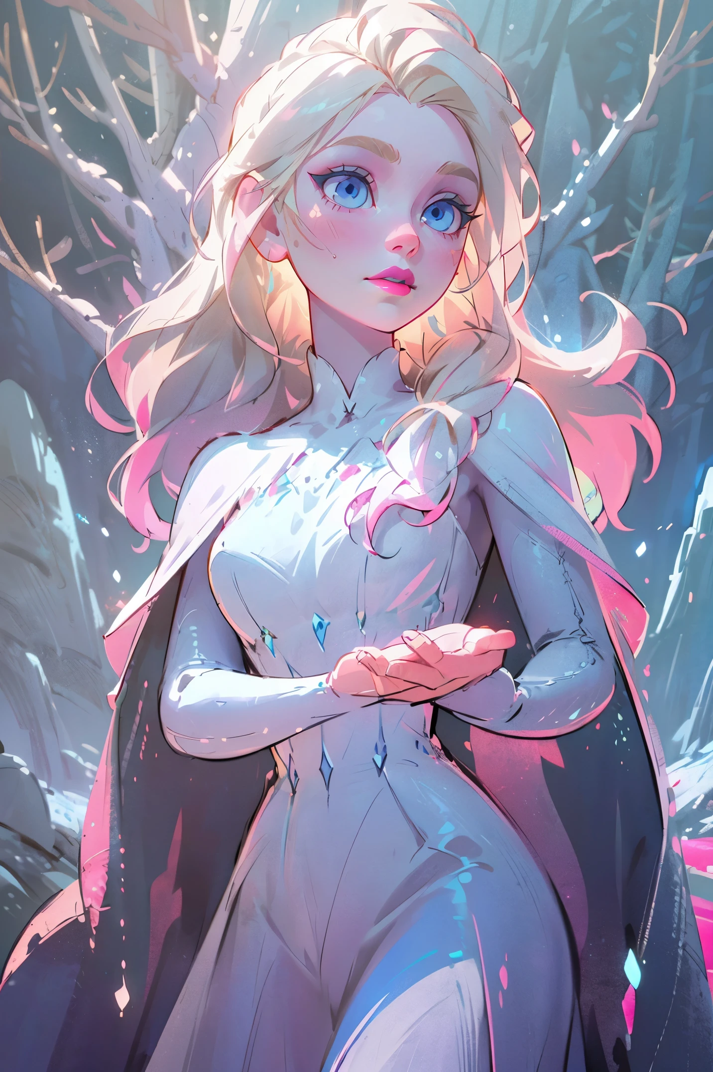 (snow_queen_elsa:1), frozen,  (white dress, white cape, blue details dress, long hair, blonde hair, blue eyes, pink lips, pale skin:1.5),  (loose hair:1.5),  ((blue eyes)), (dress:1), (long dress),  cartoony facial features, large round eyes, (white blonde hair:0.9), (realistic:1.2),  (masterpiece:1.2), (full-body-shot:1),(Cowboy-shot:1.2), snow, snowing, mountain background, light particles, snow forest background, neon lighting, dark romantic lighting, (highly detailed:1.2),(detailed face:1.2), (gradients), colorful, detailed eyes, (detailed landscape:1.2), (natural lighting:1.2),(detailed background),detailed landscape, (dynamic pose:1.2), close shot, solo, 