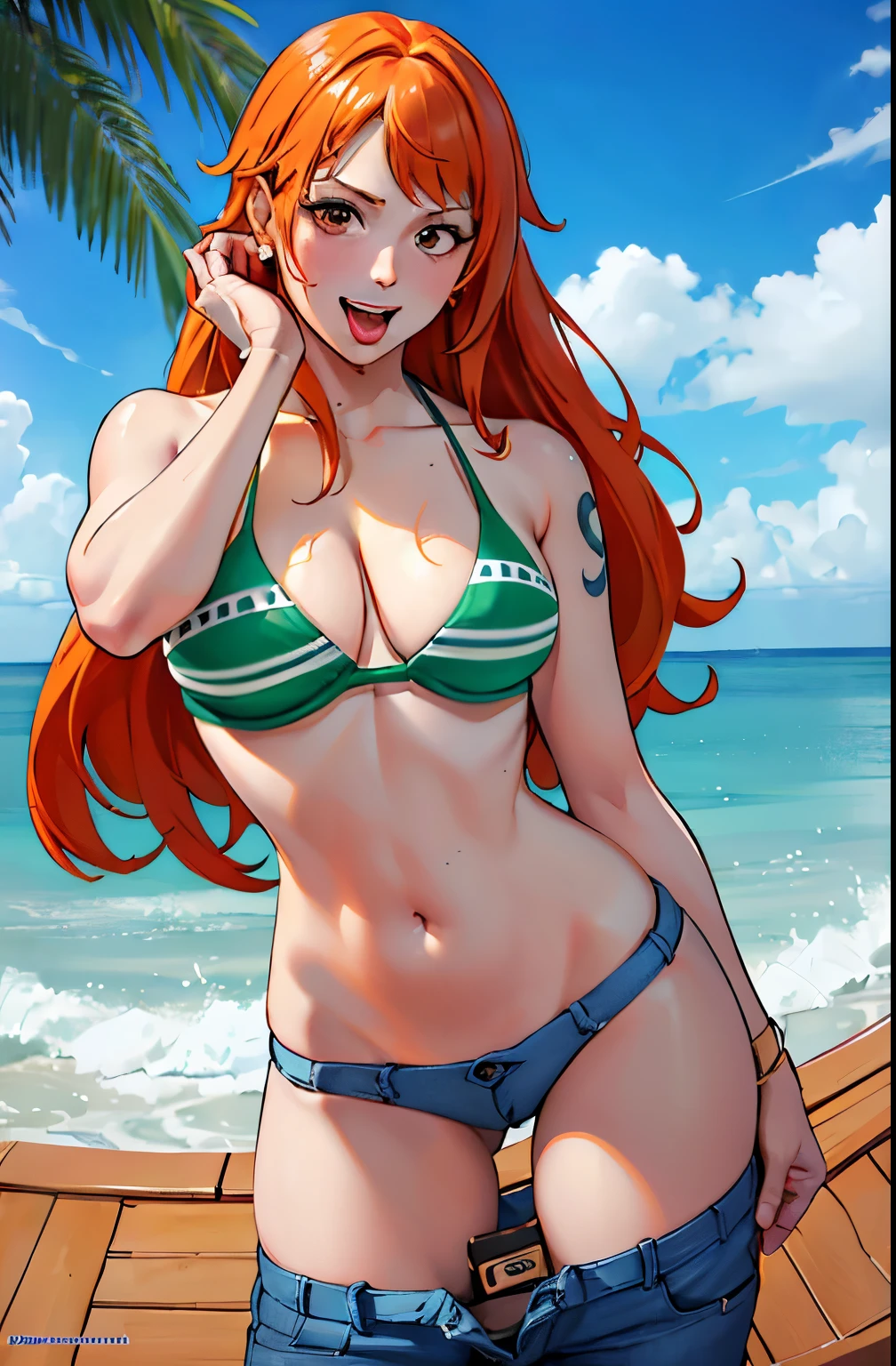 (((masterpiece+best quality+high resolution+ultra-detailed))), 1girl with clima-tact, Nami, long silky orange hair, high nose, sharp eyes, noble and inviolable temperament, (([female]: 1.2 + [beauty]: 1.2 + orange long hair: 1.2)), pirate ship background, blue sky, clouds, log pose, gold bracelets, revealing green and white bikini halter top, tight low-rider jeans, shoulder tattoo, bright eyes, dynamic angle and posture., soaked in sweat, sweating, pants pull, undressing, clothes pull; wide open mouth, tongue out, uvula, throat, Big mout