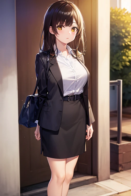 1girl, sayu ogiwara, suit, office lady, black skirt, black blazer, pencil skirt, long skirt, white shirt, collared shirt, long hair, teenager, looking at viewer, full body