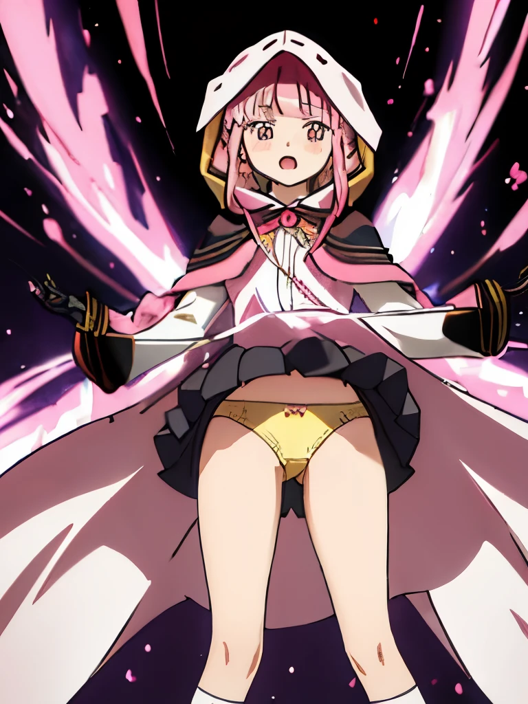 best quality, masterpiece, highres, solo, {tamaki_iroha_puellamagimadokamagicasidestorymagiarecord:1.15}, pink_hair, pink_eyes, bangs, blunt_bangs, braid, sidelocks, blush, bow, long_hair, 1girl, cloak, hood, hood_up, hooded_cloak, magical_girl, anime_coloring, open_mouth, parody, NSFW, (upskirt, yellow underwear:1.2)
