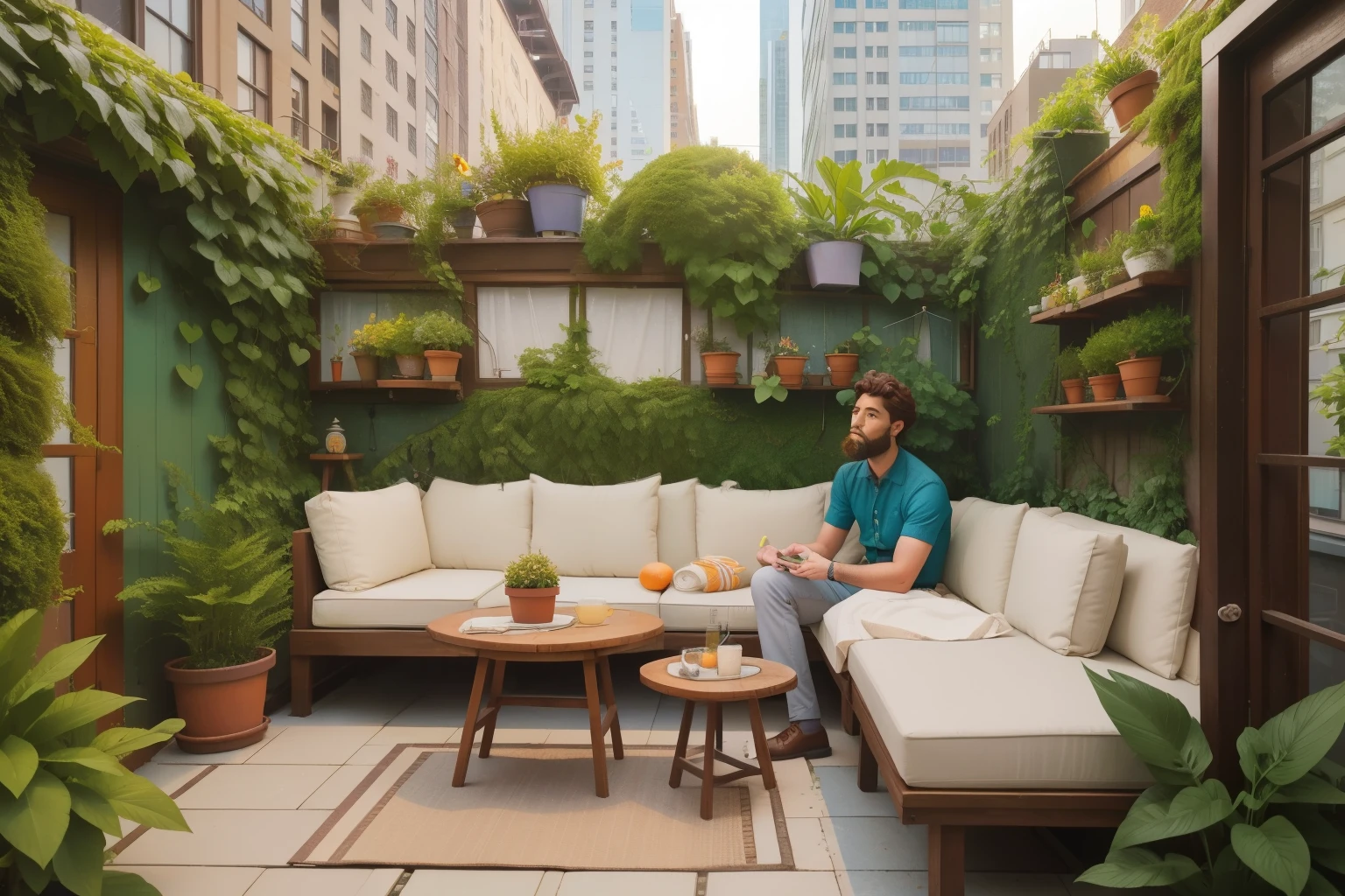 Secret Garden Rooftop Oasis: Craft an image of a young man in his thirties, with curly brown hair and a beard, tending to a secret rooftop garden in the heart of Manhattan. Surrounded by lush greenery and vintage gardening tools, the man's rooftop oasis captures the urban adaptation of Enid Blyton's idyllic settings. Illuminate the scene with Wes Anderson's tranquil color tones.