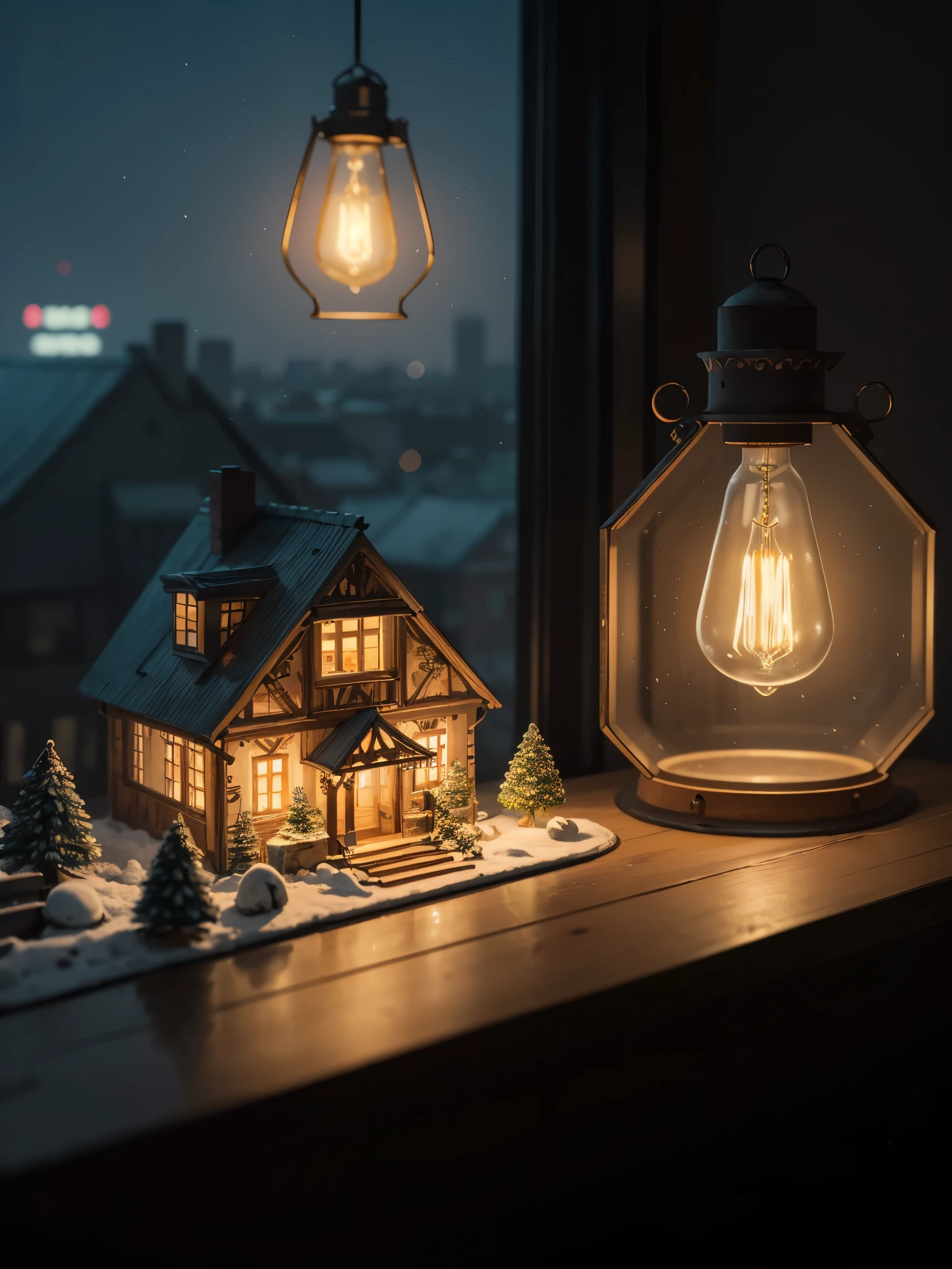 stunning, masterpiece, high quality, ultra-detailed, 8k HDR wallpaper, brilliant lighting, sharp focus, intricate details, 
RAW, analog style, 8k uhd, interior view of a house, decoration, alone, kitchen table, festive surroundings, cyberpunk city, isometric, miniature, landscape, in glass lantern, glowing bulbs on top of every house, pov, 