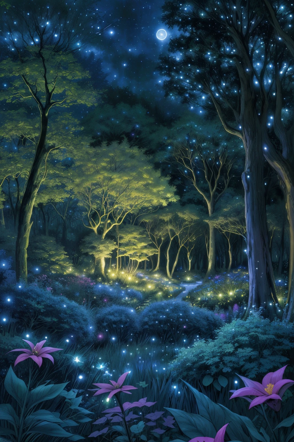 dark secret grove in a forest, garden, lush, floral, botanical, romanticism, moody, space, stars, night time, night sky, dark colors, complicated land, open sky