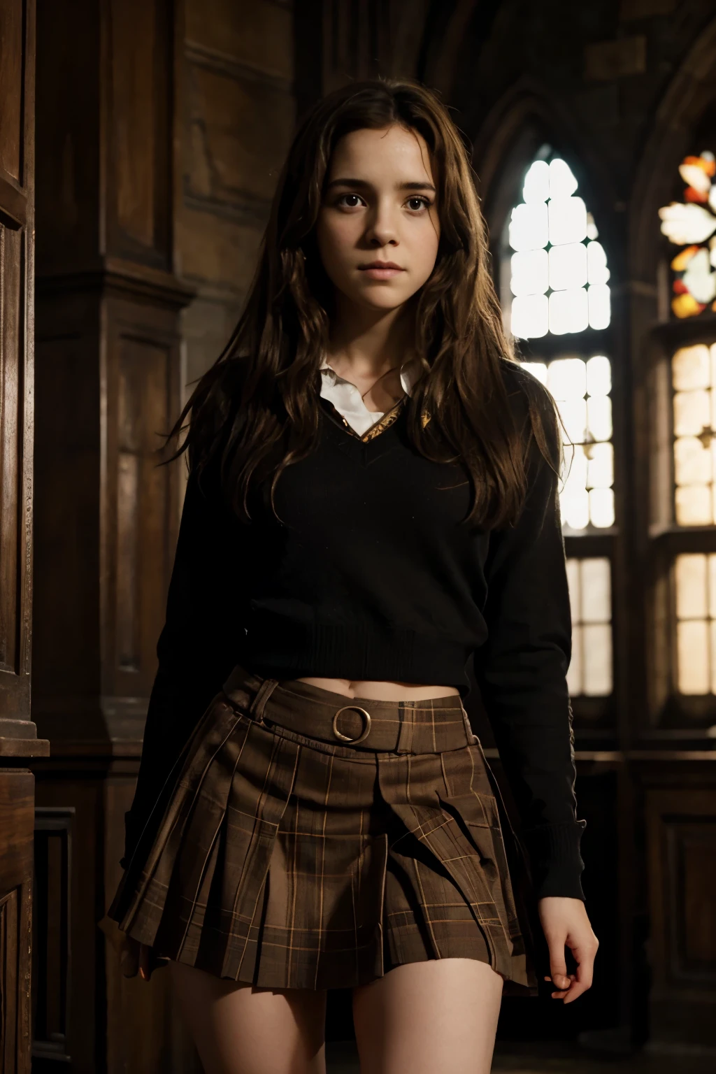 Emma Watson, Hermione Granger in Hogwarts, student uniform, plissed grey skirt, upskirt, focus on eyes, expressive eyes, neckline, looking to the viewer, close photography, tight clothes, using a Magic wand, exposed neckline, upskirt, camera from above, sexy body, above view, submissive position 