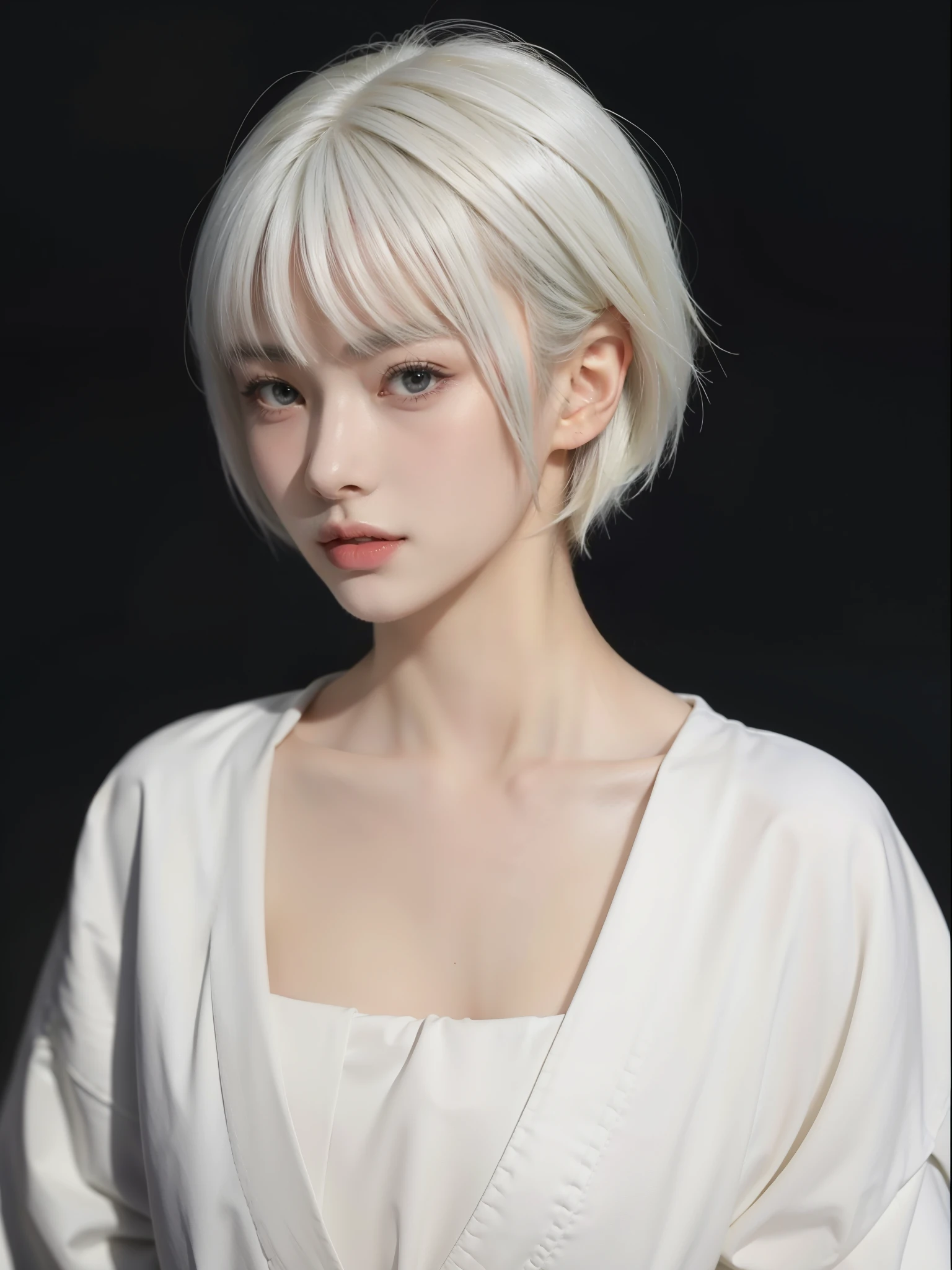 Girl, human, pretty, white hair, realistic, samurai, short hair