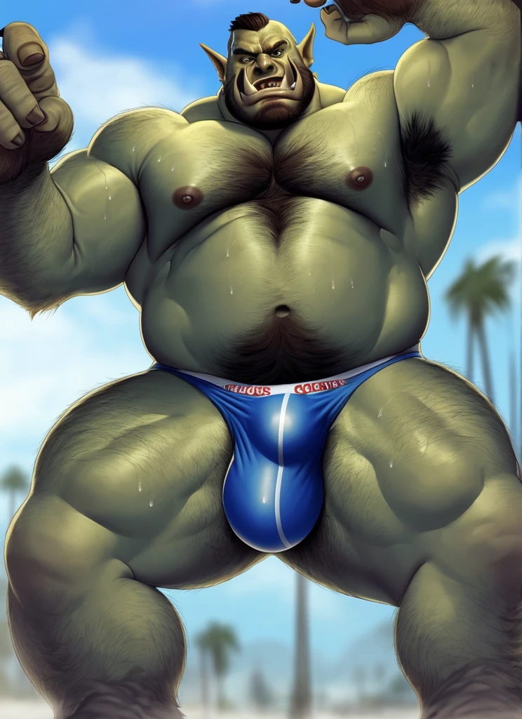humanoid, orc, pecs, muscular male, looking at viewer, tusks, detailed speedo, big underwear bulge, sweaty, really hairy, hairy chest, hairy belly, hairy arms, hairy legs, hairy armpits, musky armpits, big hairy feet