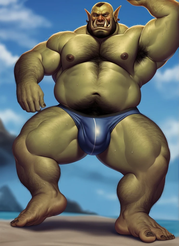 humanoid, orc, pecs, muscular male, looking at viewer, tusks, detailed speedo, big underwear bulge, sweaty, really hairy, hairy chest, hairy belly, hairy arms, hairy legs, hairy armpits, musky armpits, big hairy feet