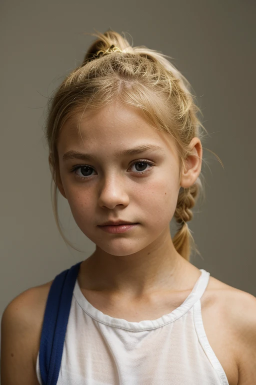 A sad 9  girl with a blonde ponytail 